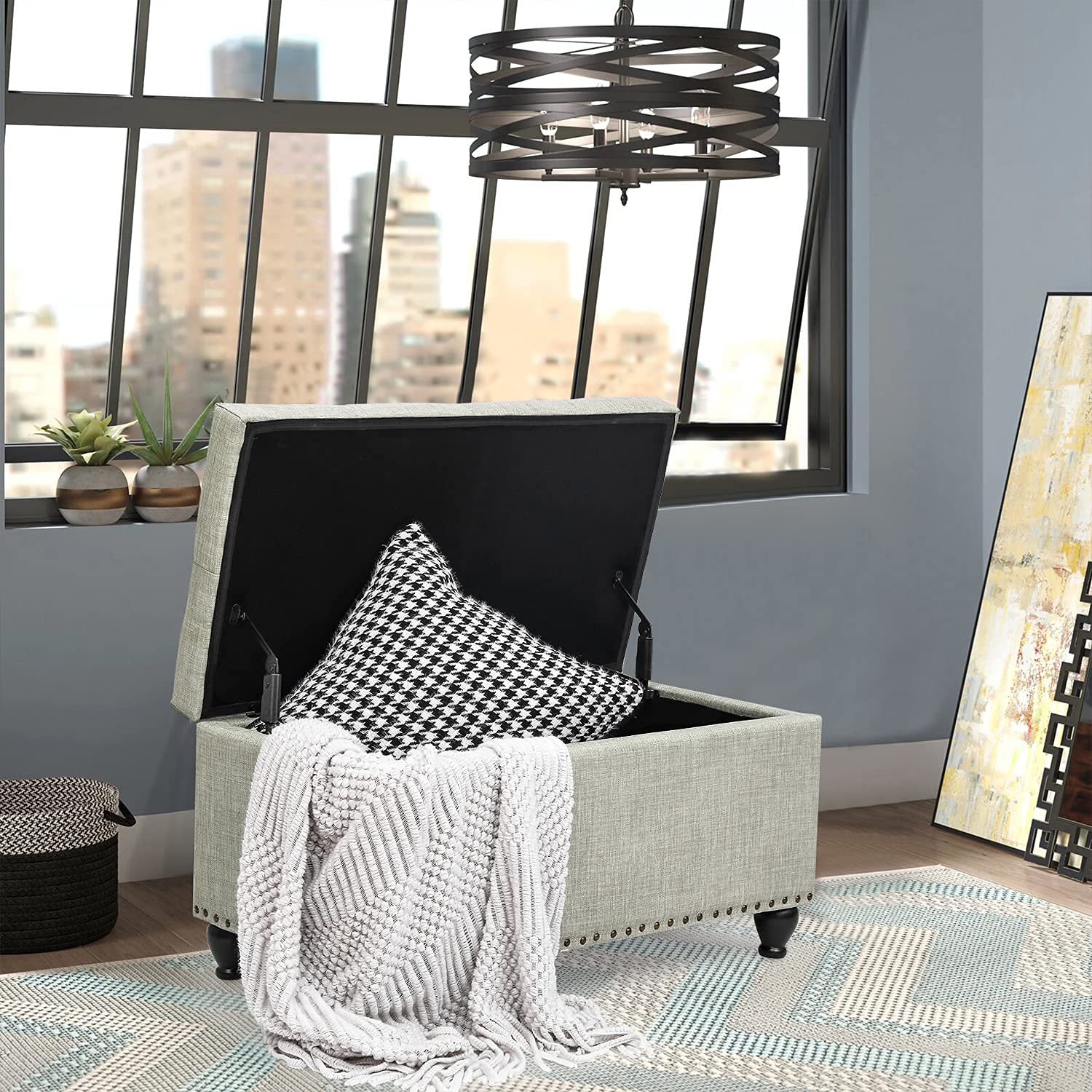 Adeco Tufted Velvet Storage Ottoman Bench with Sturdy Legs - Multi-Functional Footrest, Coffee Table & Seat for Living Room, Bedroom, Dorm - Perfect for Extra Storage & Stylish Home Decor (Beige)