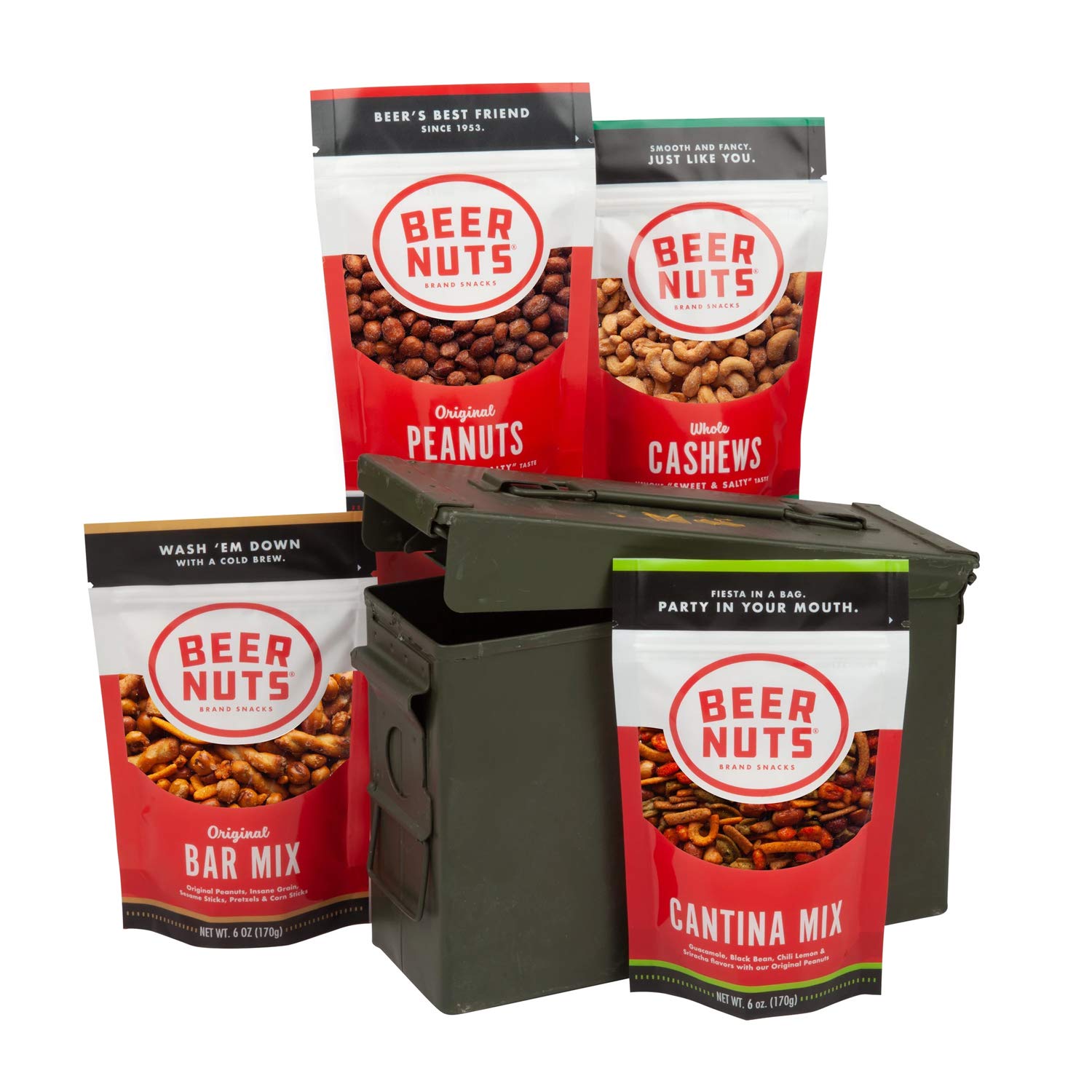 Authentic Military Ammo Can Snack Gift Bundle - Original Peanuts, Bar Mix, Cashews & Cantina Mix in Resealable Bags | Perfect for Outdoor Adventures, Camping & Military-Themed Gifts