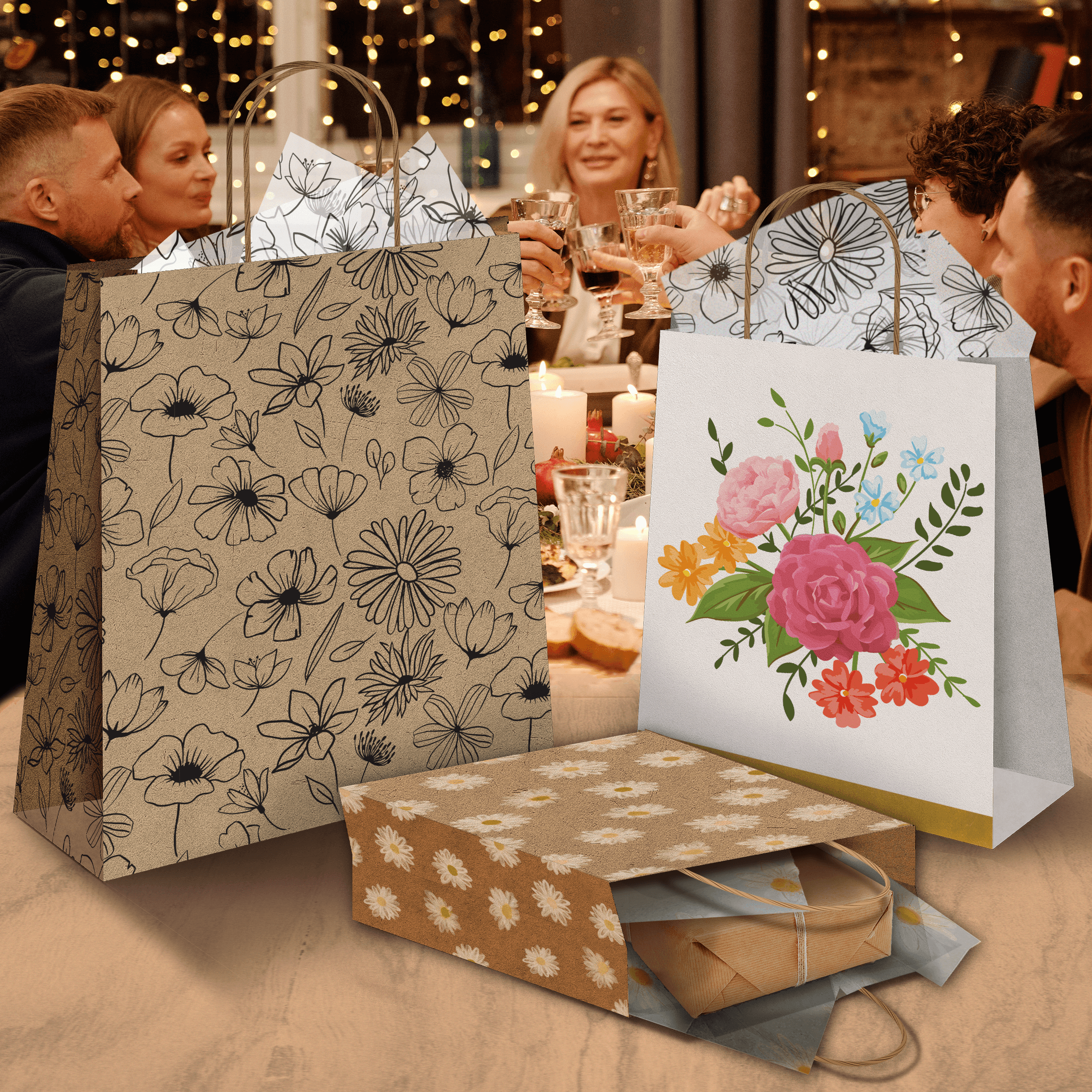 Floral Kraft Gift Bags Set - 20 Pcs Mixed Sizes (4x6, 5x7, 6x8 Inches) - Eco-Friendly Paper Gift Bags for Birthday, Wedding, Baby Shower & Party Favors