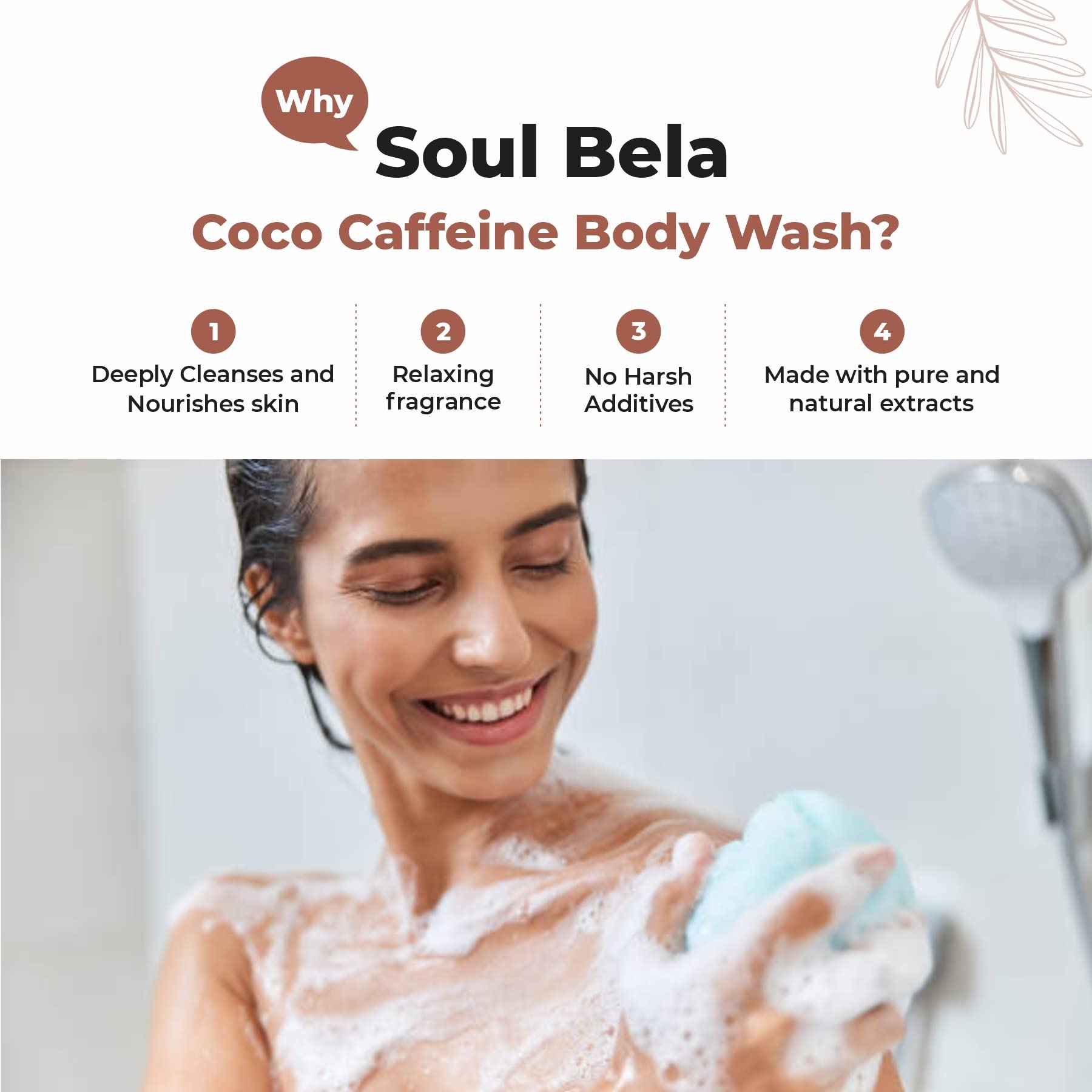 Soul Bela Coco Caffeine Body Wash with Cocoa, Coffee & Vitamin B5 - Energizing & Moisturizing Shower Gel for Men & Women - Deep Cleansing, Paraben-Free, Skin Awakening Formula (250ml, 1 Pack) - Perfect for Morning Showers & Post-Workout Refreshment