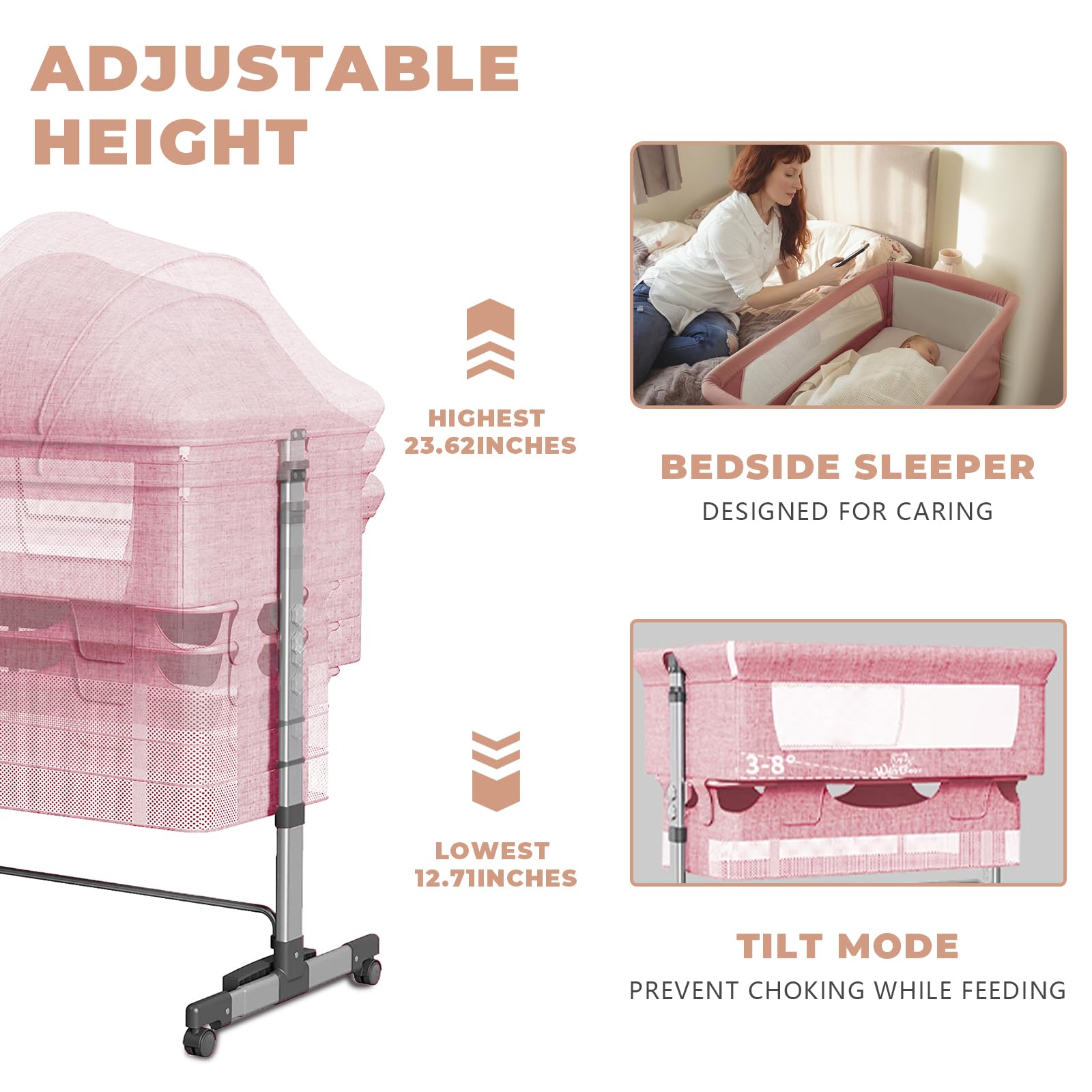 Napfox Portable Baby Bassinet - Adjustable Bedside Sleeper with Mosquito Net, Storage Bag & Lockable Wheels | Foldable Infant Bed for Newborns | Nursery, Travel & Co-Sleeping Solution (Pink)