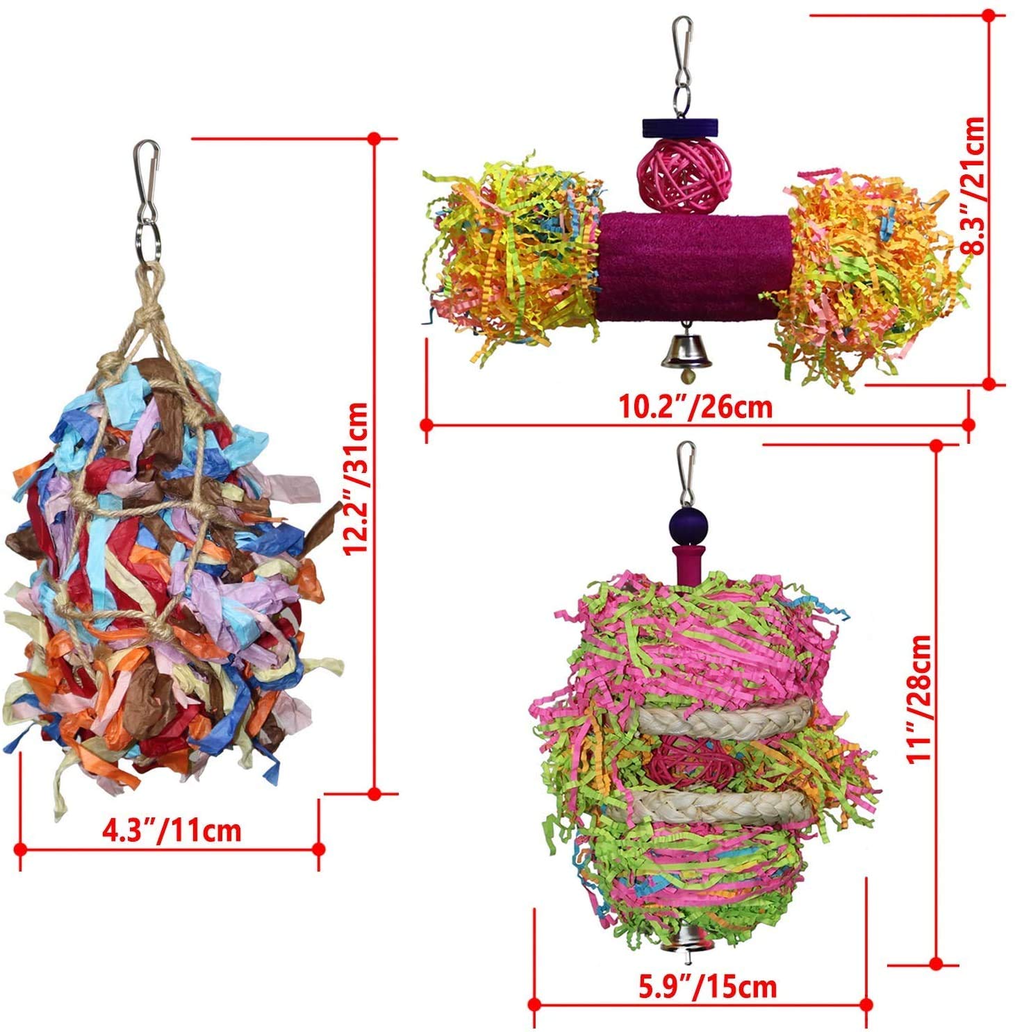 4 Pack Colorful Parrot Chewing & Foraging Toys with Bell - Hanging Shredder Swing Toys for Parakeets, Conures, Cockatiels, Lovebirds & Small Birds | Perfect for Cage Enrichment & Mental Stimulation