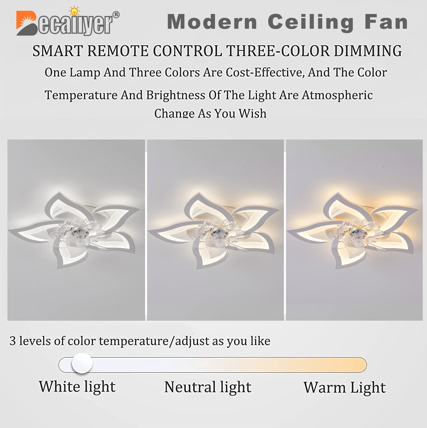 Becailyer 27-inch Modern Ceiling Fan with LED Lights - 50W Dimmable Flower Design Flush Mount Fan Light, 3 Color Temperatures & 6 Speed Settings - Perfect for Living Room, Bedroom, Office, and Indoor Spaces