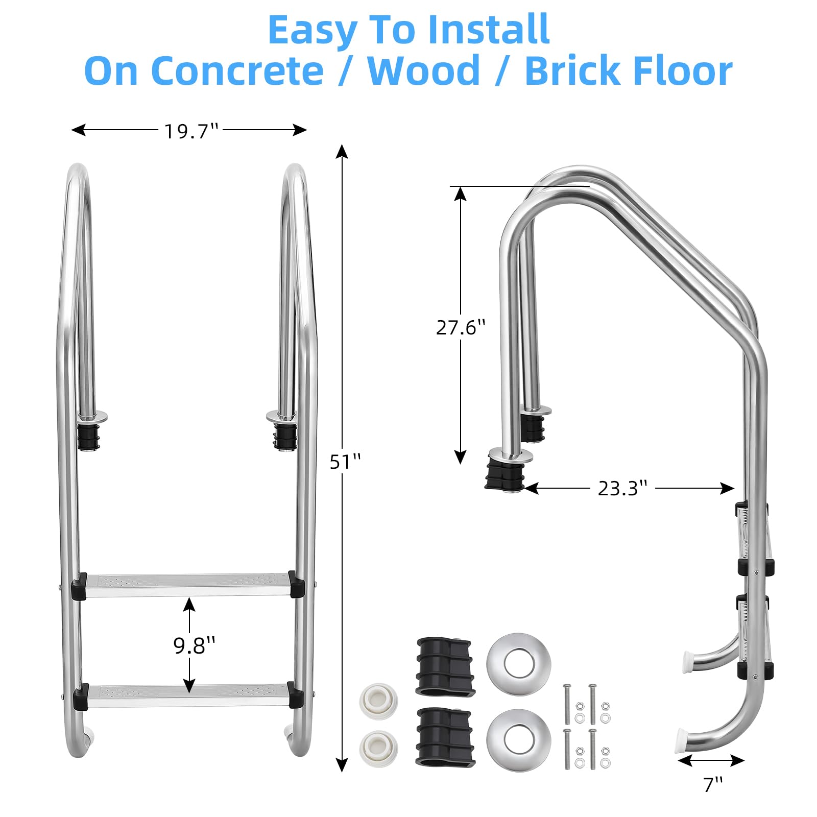 **304 Stainless Steel Heavy Duty Pool Ladder – 2-Step Above Ground Swimming Pool Entry System with Handrails & Non-Slip Pedals – Perfect for Inground & Above Ground Pools, Backyard Safety & Easy Pool Access**