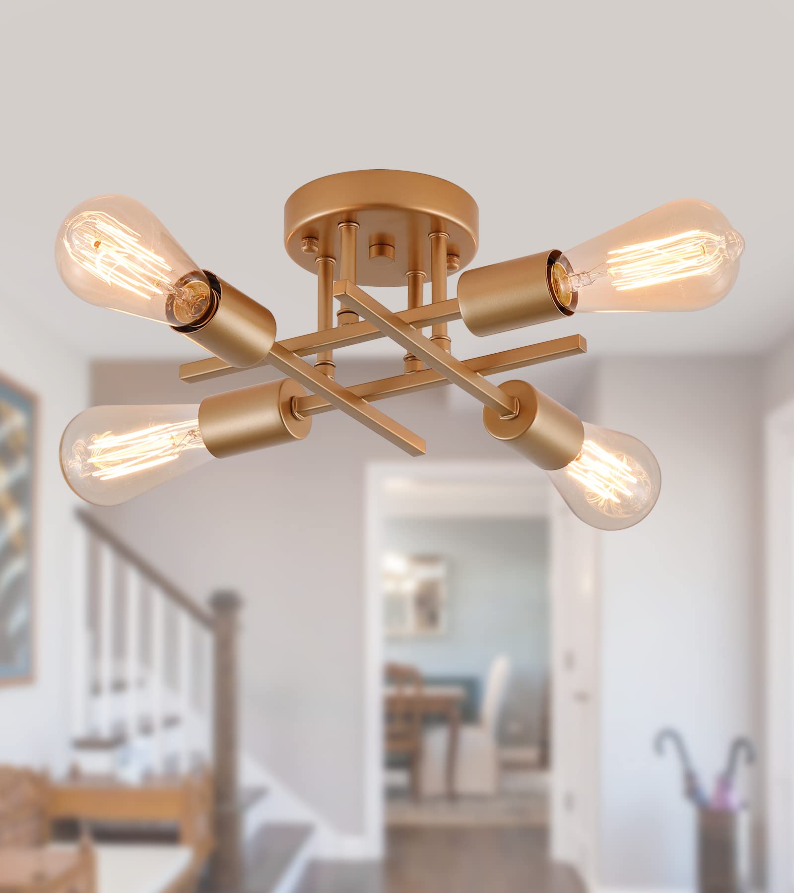 AMZASA 4-Lights Gold Modern Sputnik Chandelier Ceiling Light Fixture - UL Listed for Bedroom, Dining Room, Kitchen, Entryway & Hallway | Elegant Lighting for Home Decor & Interior Design