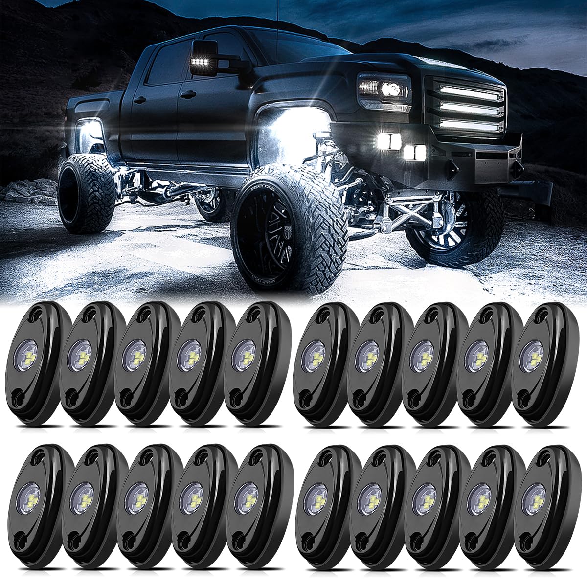 20PCS White LED Rock Lights for Trucks, ATV, UTV, SUV, RZR - High Power Waterproof Underbody Glow Lights - Perfect for Off-Roading, Night Driving & Vehicle Customization
