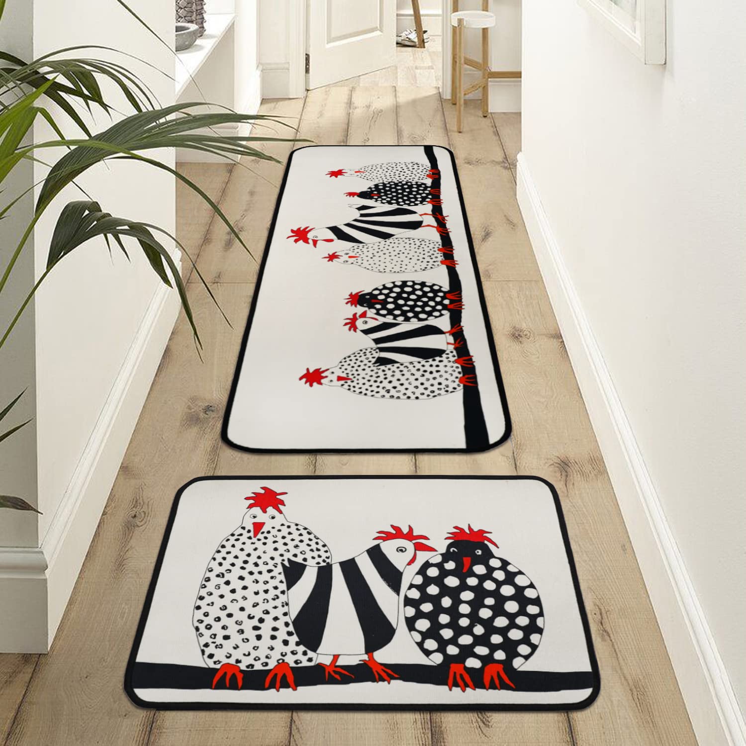Rooster Farmhouse Kitchen Rugs Set of 2 - Non-Slip Low-Profile Floor Mats for Home Decor, 17