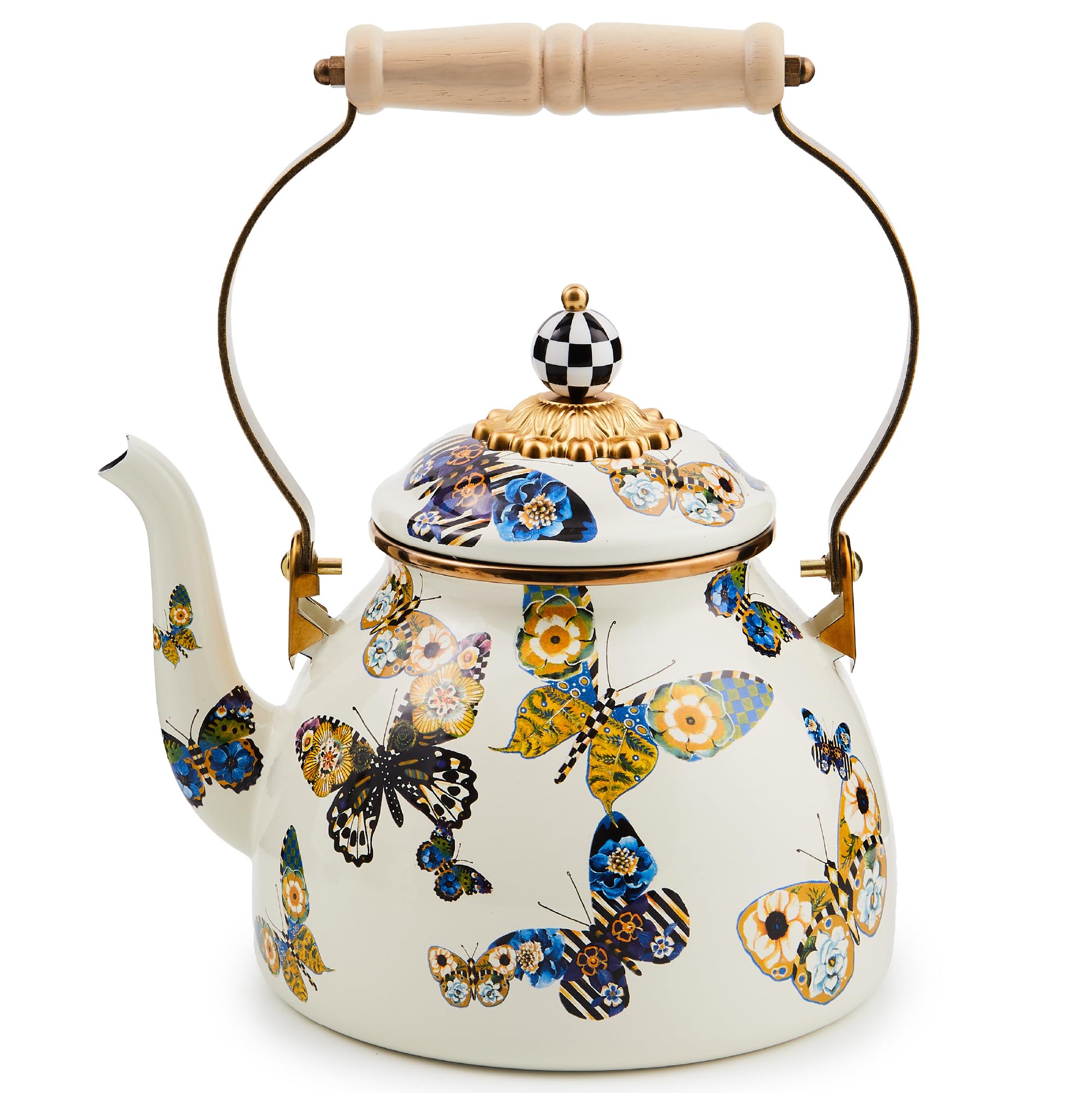 MACKENZIE-CHILDS 2-Quart Enamel Tea Kettle - Vintage Stovetop Kettle with Butterfly Design - Perfect for Tea Lovers, Kitchen Decor & Gift Giving