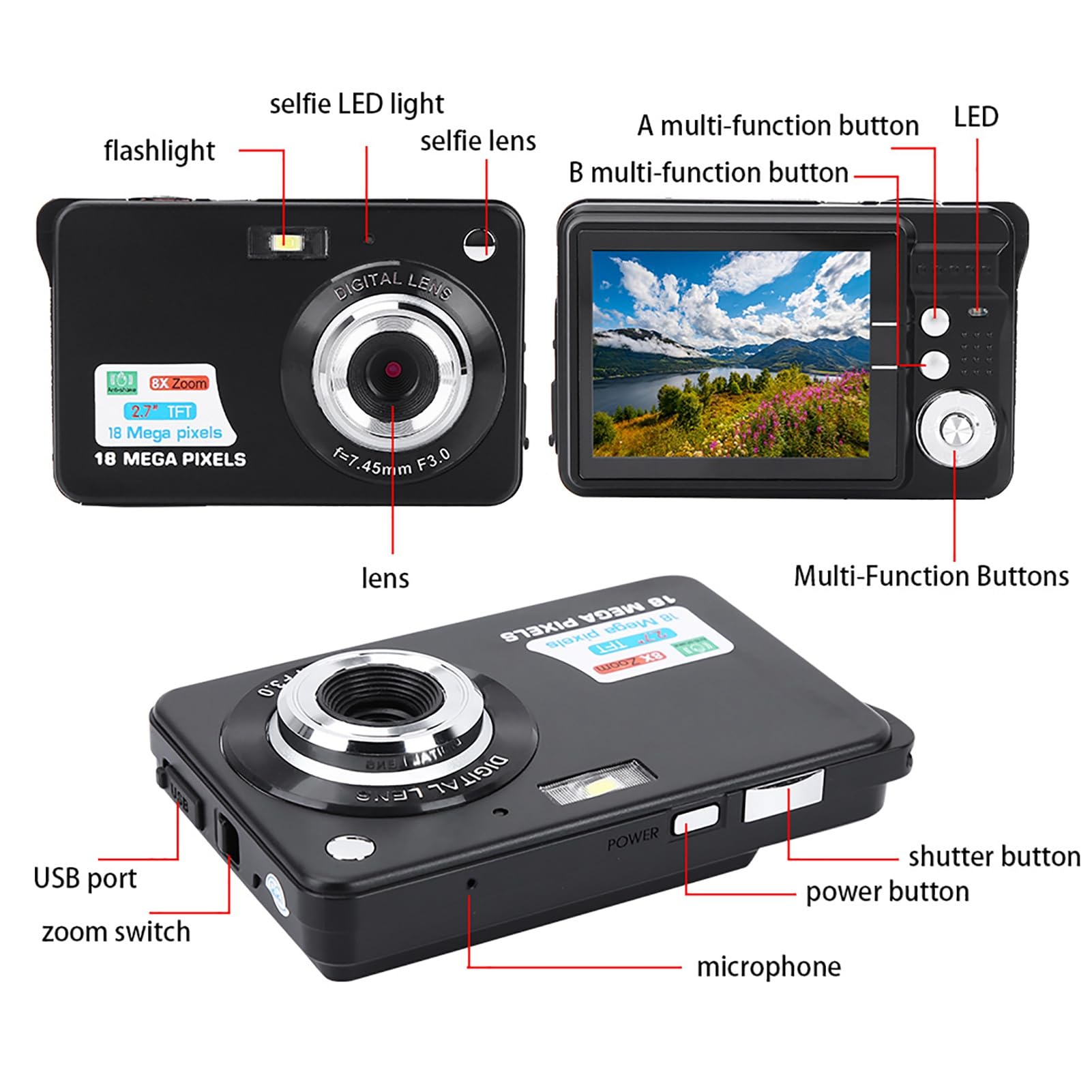 **2.7 Inch Kids Digital Camera - HD Video & Selfie Camera Toy for Children with Rechargeable Battery, Perfect for Birthday Gifts & Travel Adventures (Black)**