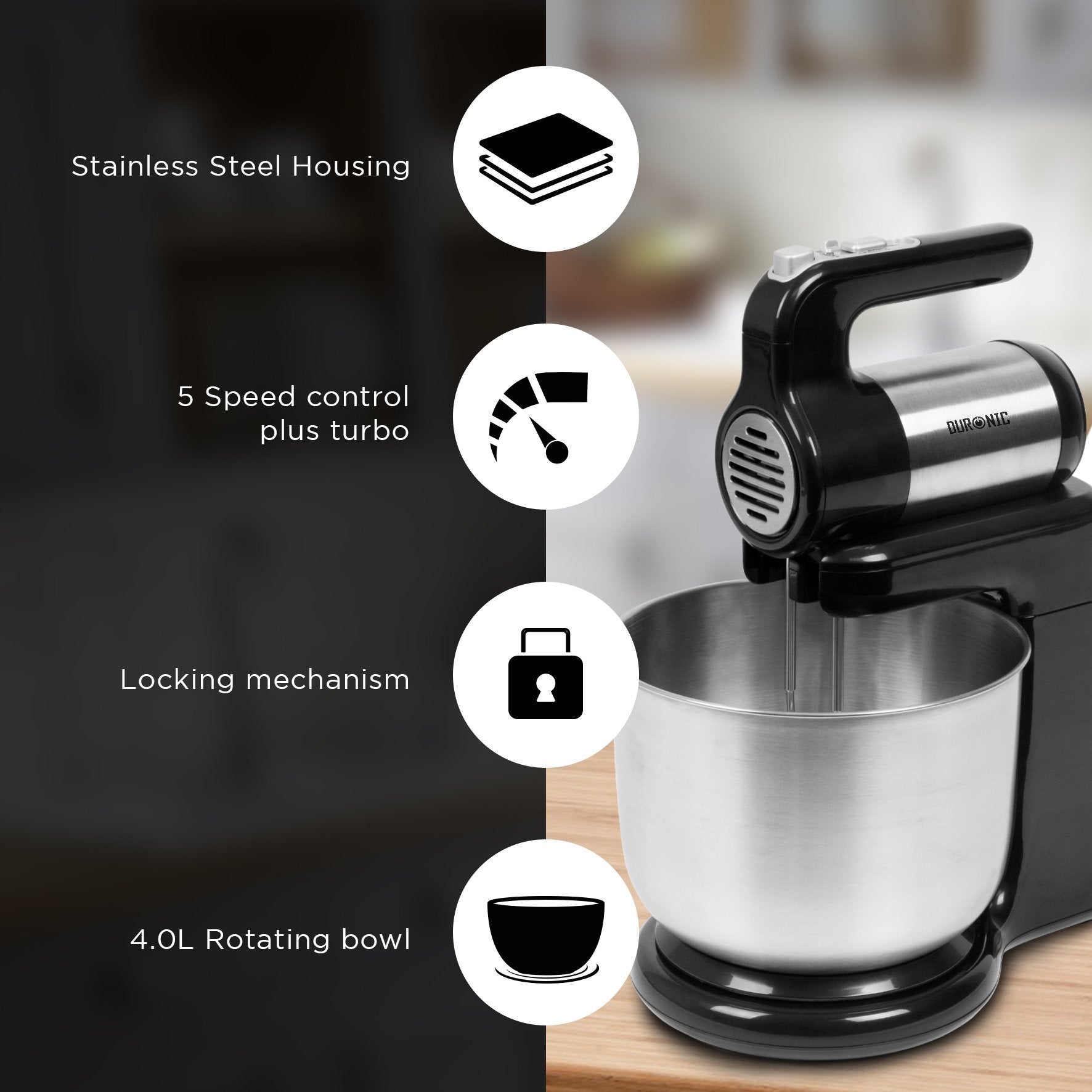 Duronic SM3 300W Stand & Hand Mixer - 5-in-1 Electric Food Mixer for Baking Bread, Cakes, Dough | Free Standing Kitchen Mixer with Attachments | Perfect for Home Bakeries, Professional Kitchens & Holiday Cooking