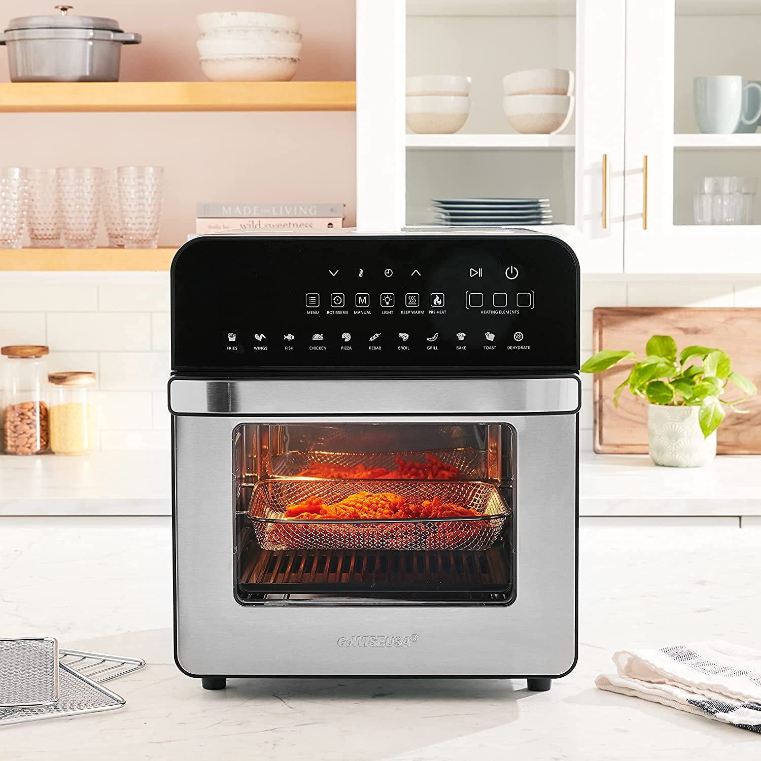 GoWISE USA 14.7-Quart Air Fryer Grill with Dual Heating Elements - 11-in-1 Oven with Rotisserie, Dehydrator, Preheat & Broil Functions - Includes 11 Accessories & 2 Recipe Books (Stainless Steel/Black) - Perfect for Healthy Cooking, Family Meals & Party Snacks
