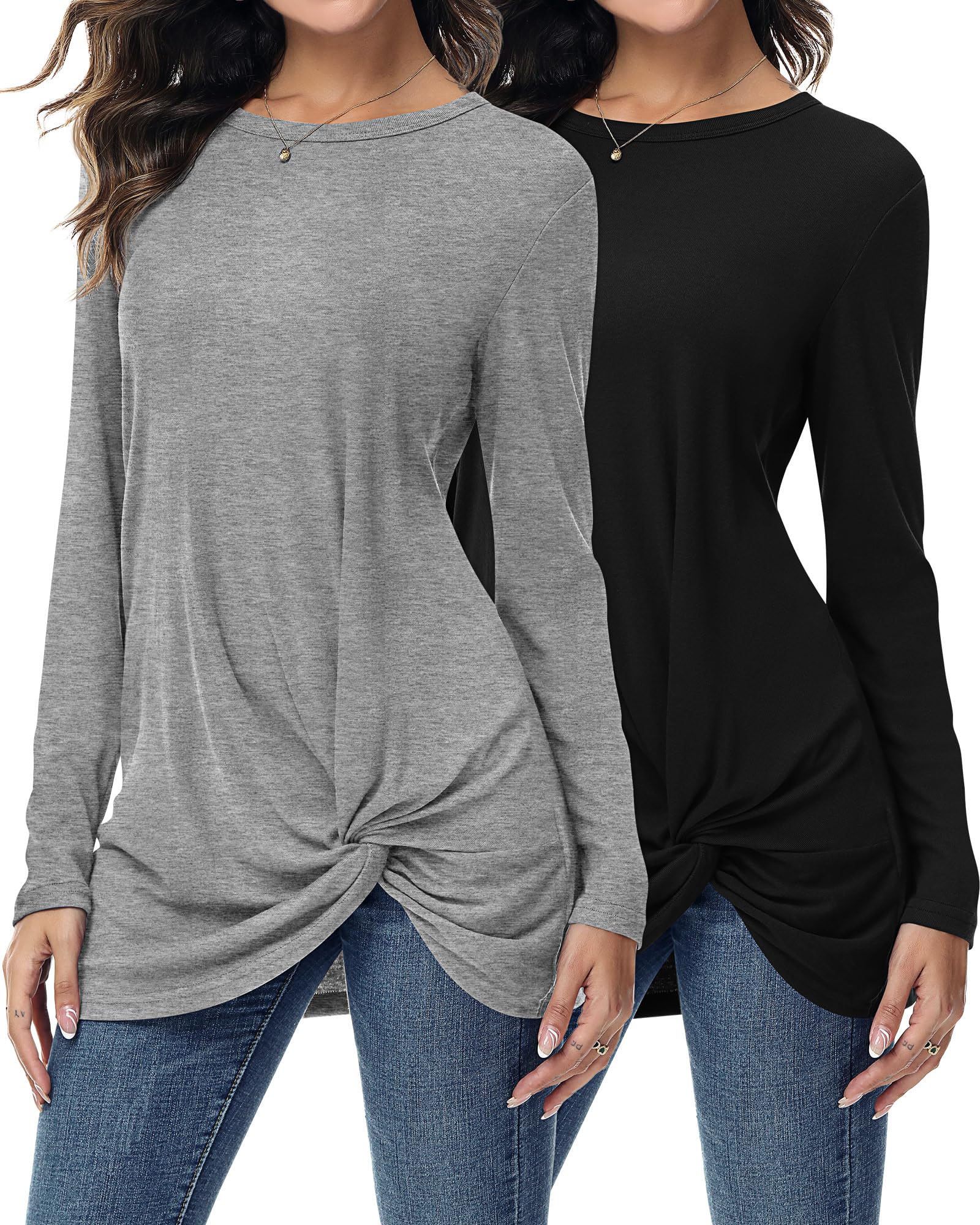 Ficerd 2 Pack Women's Long Sleeve Casual Tops - Twist Knot Tunic Blouses & Loose Tee Shirts for Everyday Wear, Office & Date Night Outfits