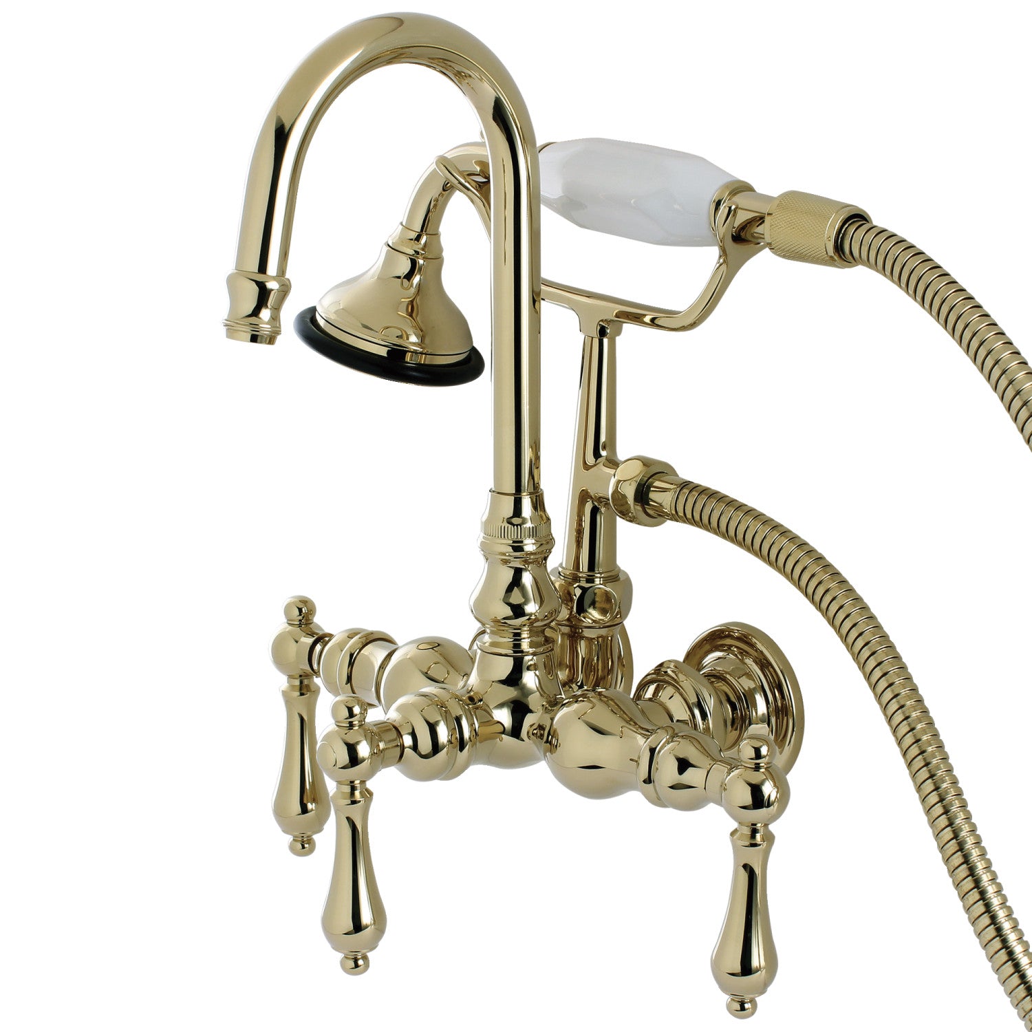 Vintage Clawfoot Tub Faucet with Hand Shower - 3 Handle 2 Hole Wall Mount Bathroom Fixture in Polished Brass - Perfect for Antique & Victorian Style Bathroom Renovations