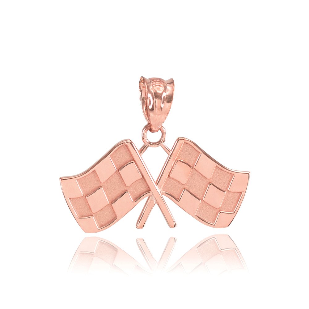 10K Rose Gold Racing Flags Charm Pendant Necklace for Men & Women - Perfect for Motorsport Fans, Car Enthusiasts & Gift Giving