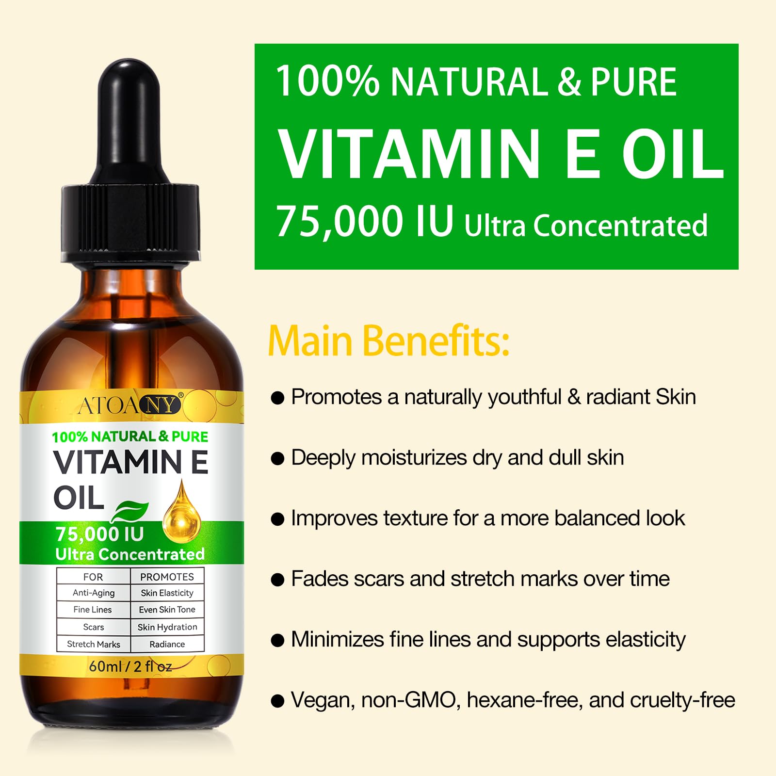 75,000 IU Ultra Pure Organic Vitamin E Oil for Face & Skin Care - 2 Pack - Hydrates & Nourishes Dry Skin, Reduces Wrinkles & Scars - Perfect for Night Routine & DIY Beauty Treatments