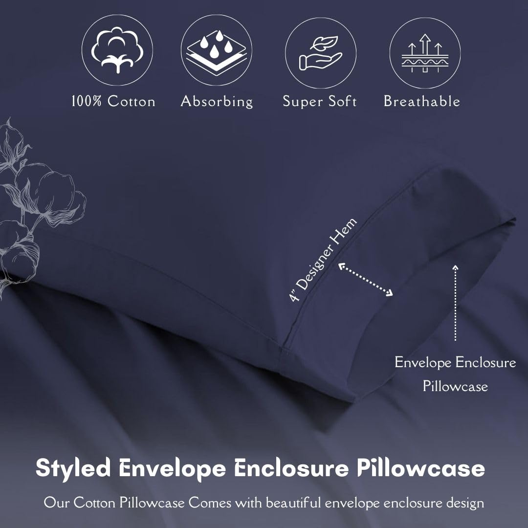 Premium 100% Long Staple Combed Cotton Pillowcases - Cooling Standard Size 20x40 Inches (Set of 2) - Navy Blue Solid with 4-Inch Hem - Breathable & Hypoallergenic for Better Sleep - Perfect for Bedroom, Hotel, and Travel Use