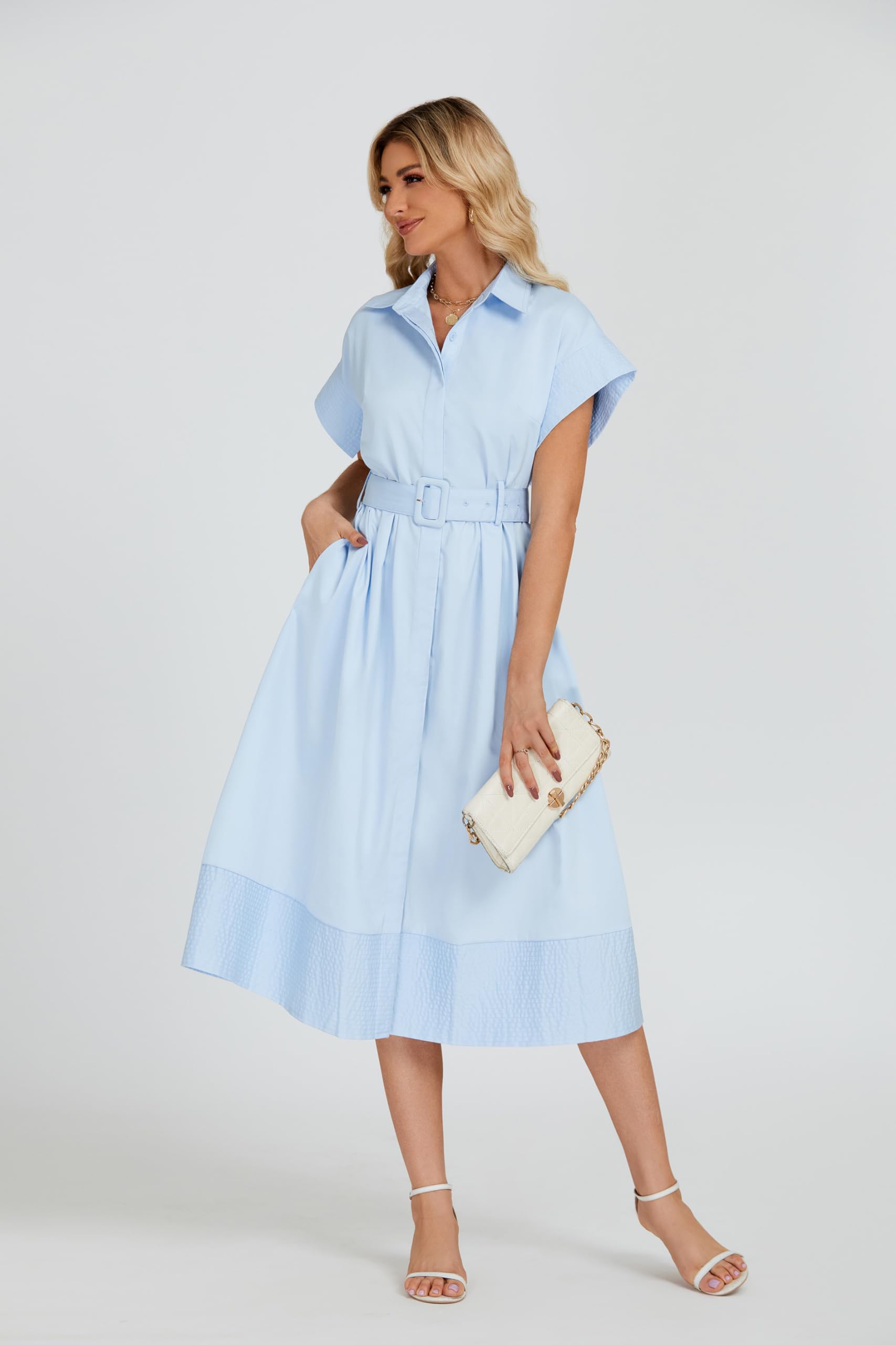Stylish Women's Casual Button Down Shirt Dress with Short Wing Sleeves & Belt | Elegant Business Midi Dress in Light Blue | Perfect for Office Wear, Summer Outfits & Casual Occasions