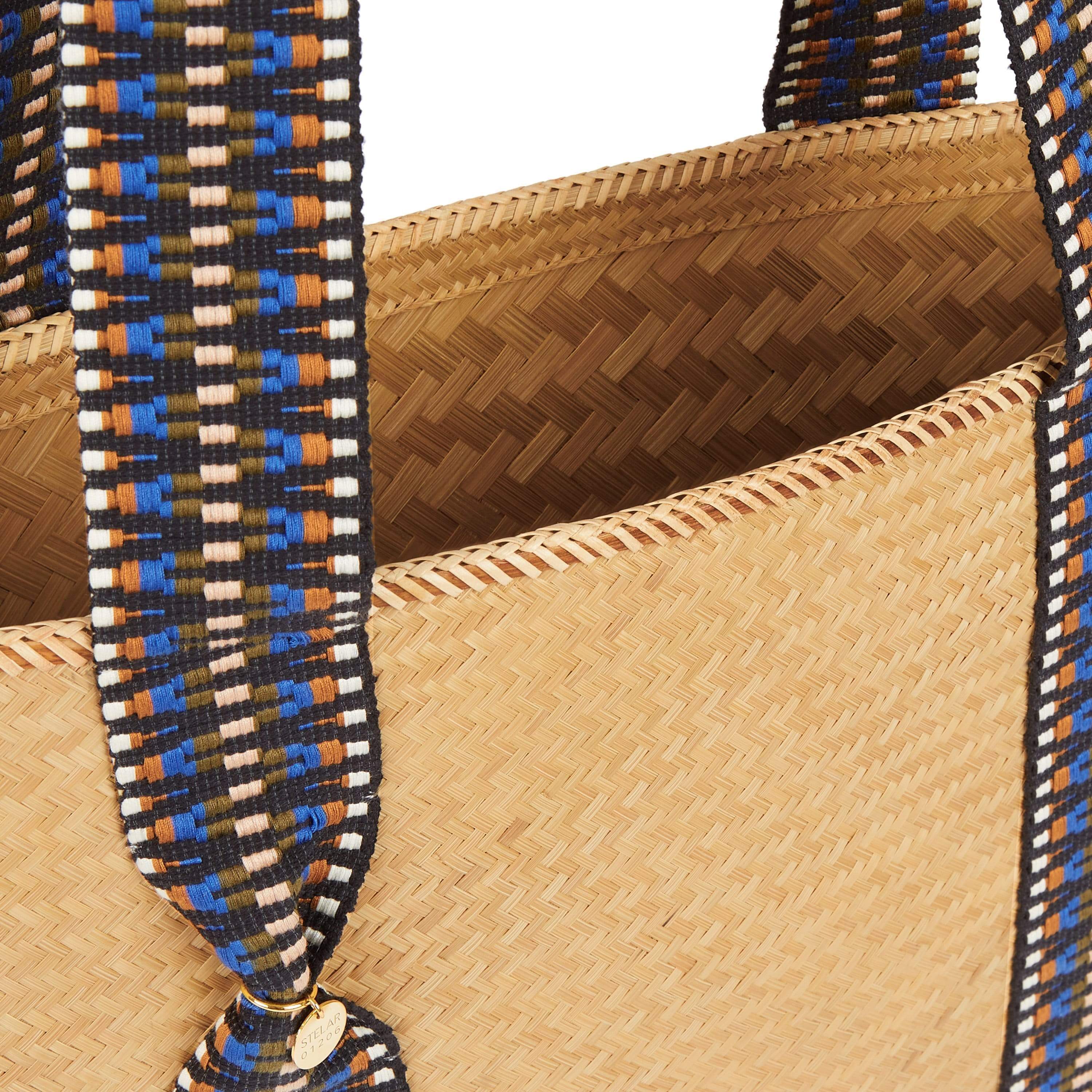 Mentawai Handwoven Bamboo Vegan Medium Tote Bag with Indigo Straps - Eco-Friendly Natural Fiber Purse for Women, Beach, Shopping & Daily Use