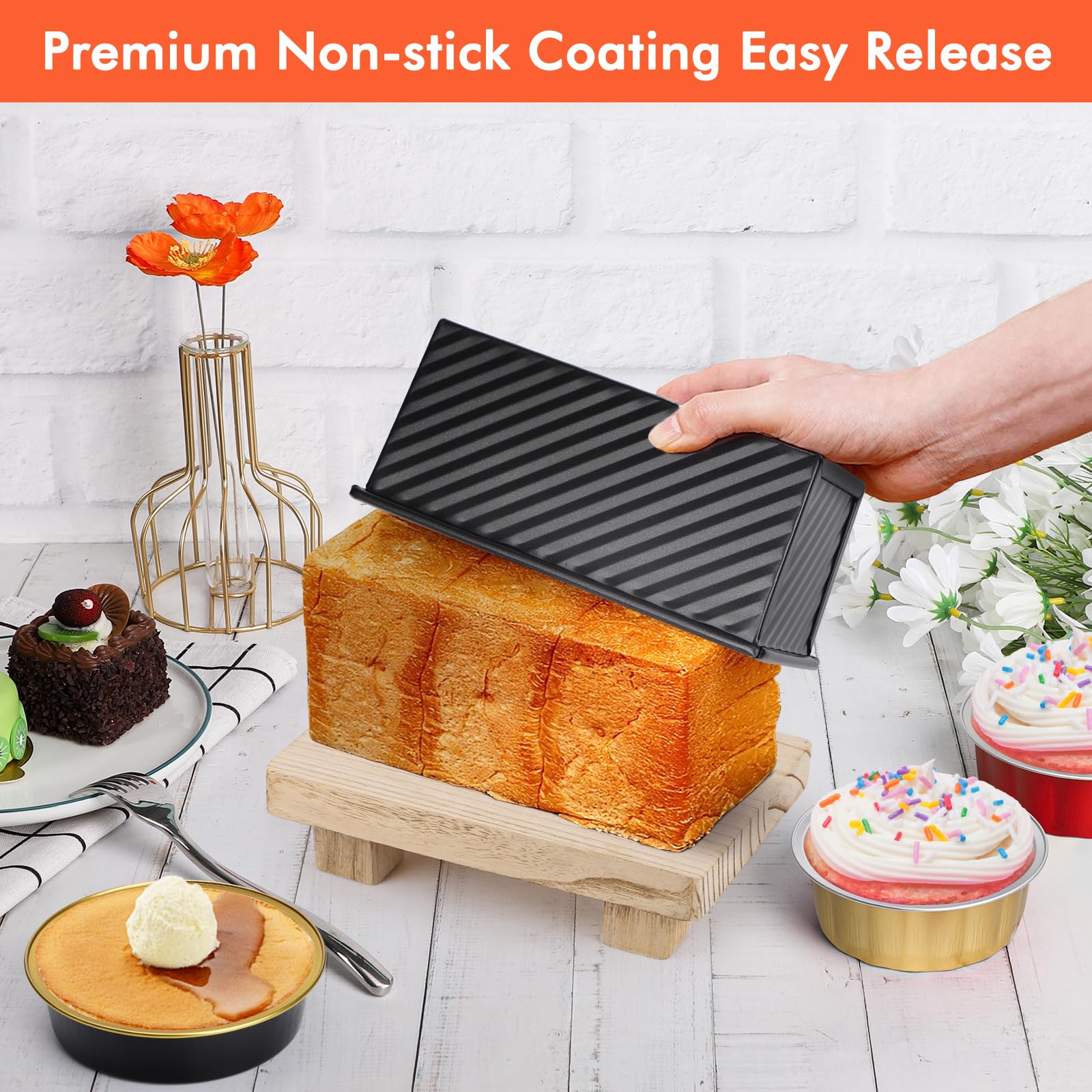 Beasea 2-Pack 0.5 lb Small Pullman Loaf Pans with Lid - Nonstick Carbon Steel Mini Bread Baking Pans for Homemade Bread, Toast, Sandwich - Perfect for Oven Baking & Meal Prep (Black)