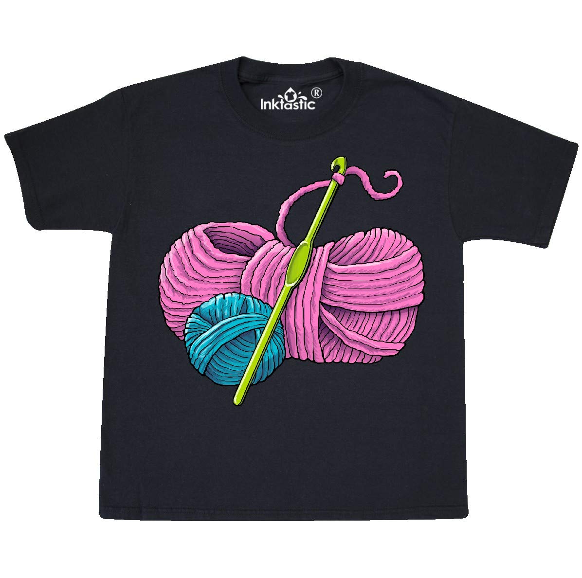 Inktastic Blue and Pink Yarn with Crochet Hook Youth T-Shirt - Soft Cotton Graphic Tee for Kids & Teens - Perfect for Craft Lovers & Crochet Enthusiasts