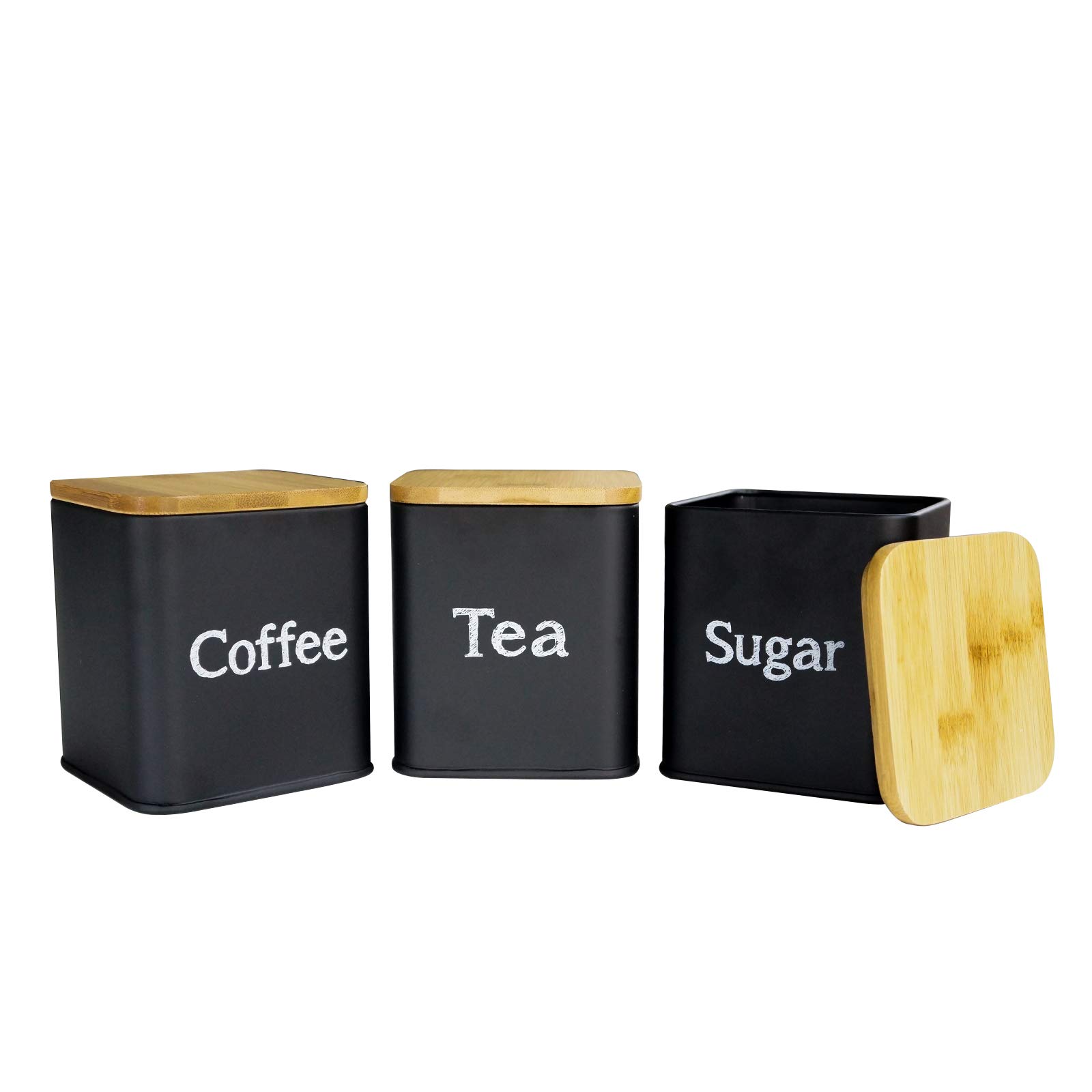 3-Piece Kitchen Canister Set - Airtight Coffee, Sugar & Tea Storage Containers with Bamboo Lids - Square Black Metal Food Jars for Pantry Organization (Ideal for Coffee Bars, Bakeries & Home Kitchens)