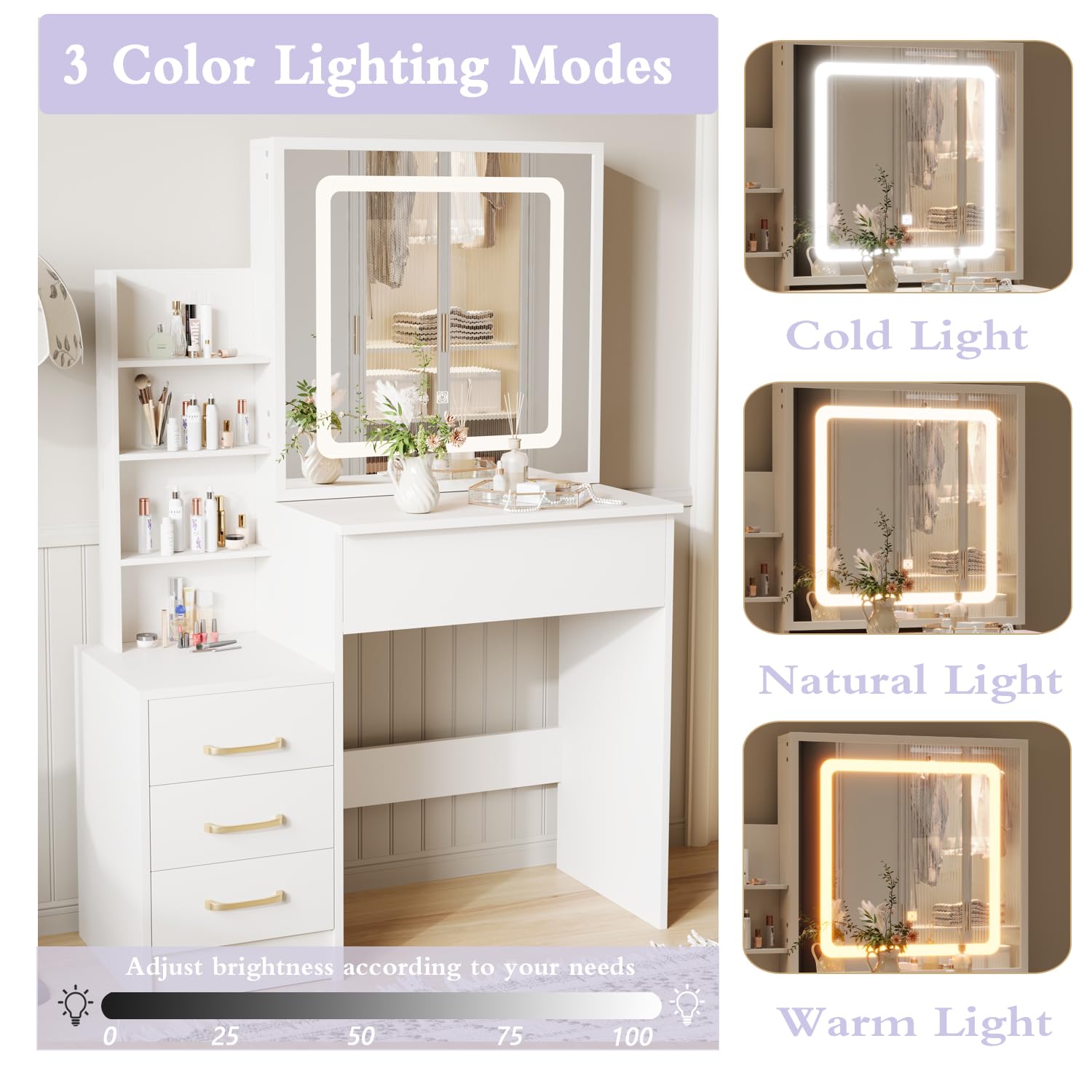 White Vanity Desk with Mirror and Lights - Makeup Dressing Table Set with 4 Large Drawers, Adjustable 3-Color LED Lighting, Bedroom Vanity Set for Women - Perfect for Makeup, Skincare & Dressing Room Organization