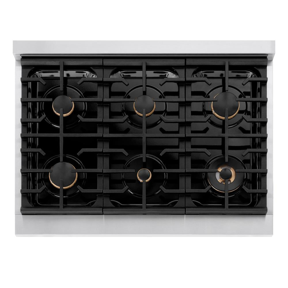 ZLINE 36 Inch Stainless Steel Gas Rangetop with 6 Brass Burners - Professional Porcelain Cooktop for Home Kitchen (SRT BR 36) | Perfect for Gourmet Cooking, Entertaining & Large Family Meals