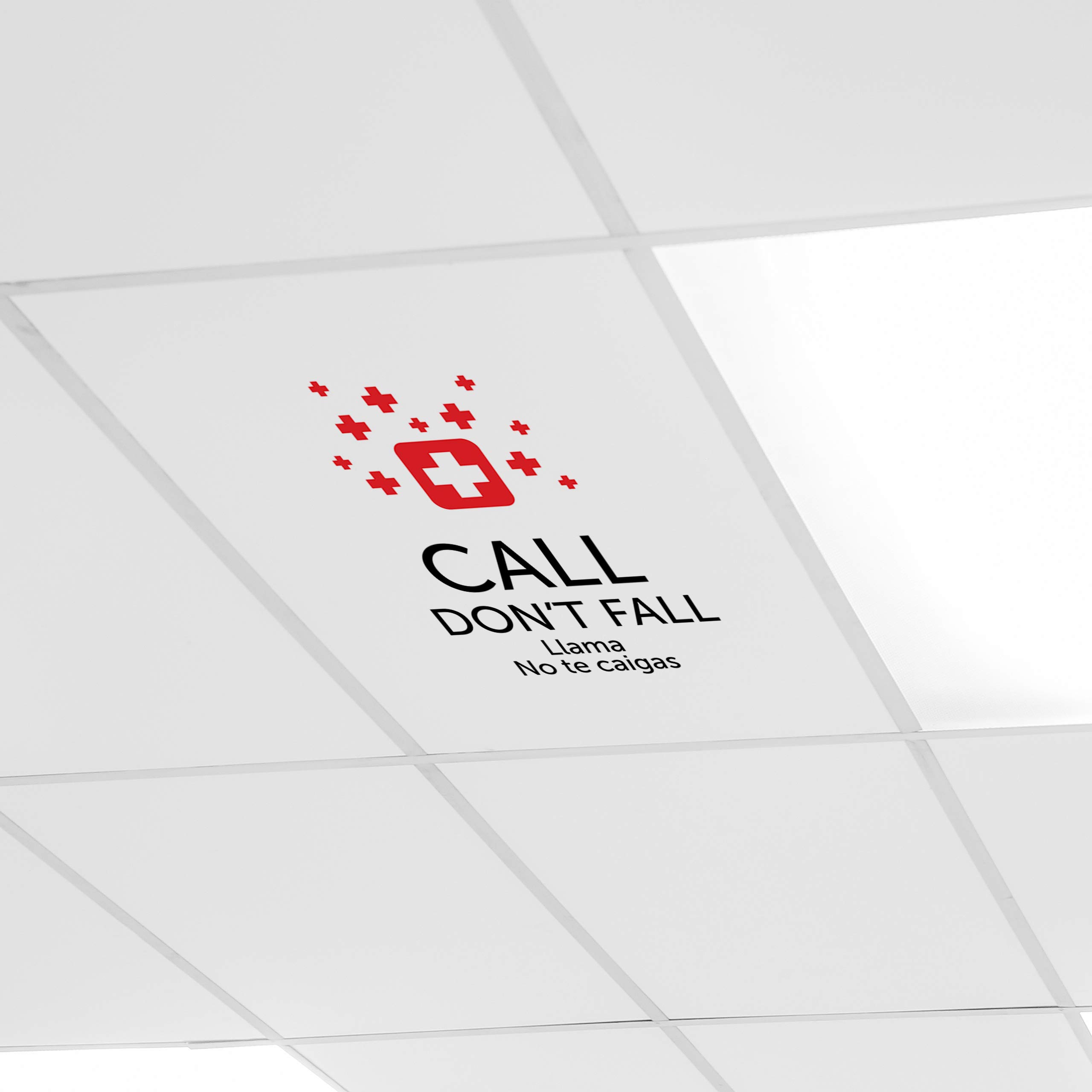 Spanish 'Call Don't Fall' Healthcare Safety Acoustic Ceiling Tile - Red | Hospital & Nursing Home Fall Prevention | Durable Ceiling Panels for Medical Facilities