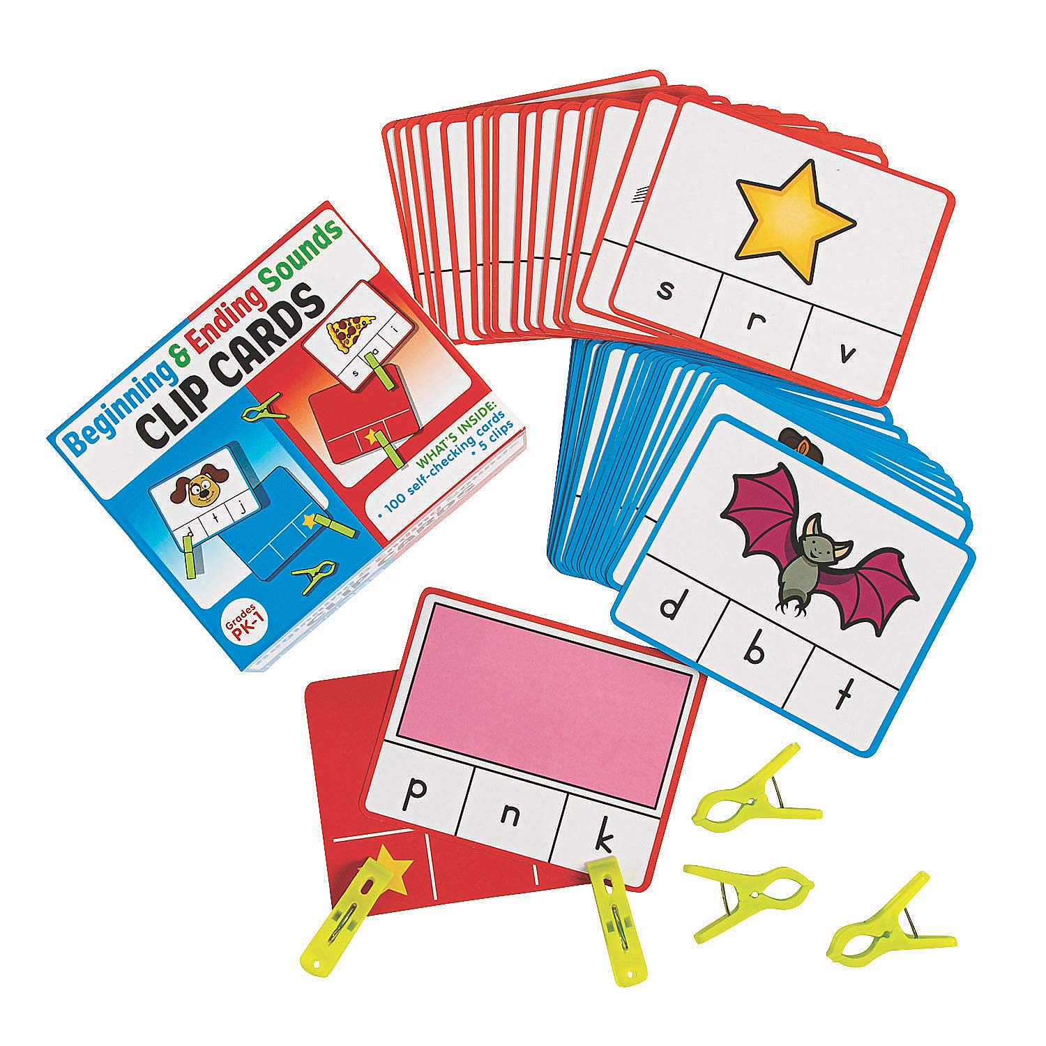 Fun Express Self-Checking Phonics Clip Cards for Kids - Beginning & Ending Sounds Learning Activity - 5” x 4” Educational Cardstock Game (106 Pieces) - Perfect for Classroom, Homeschool & Early Reading Practice