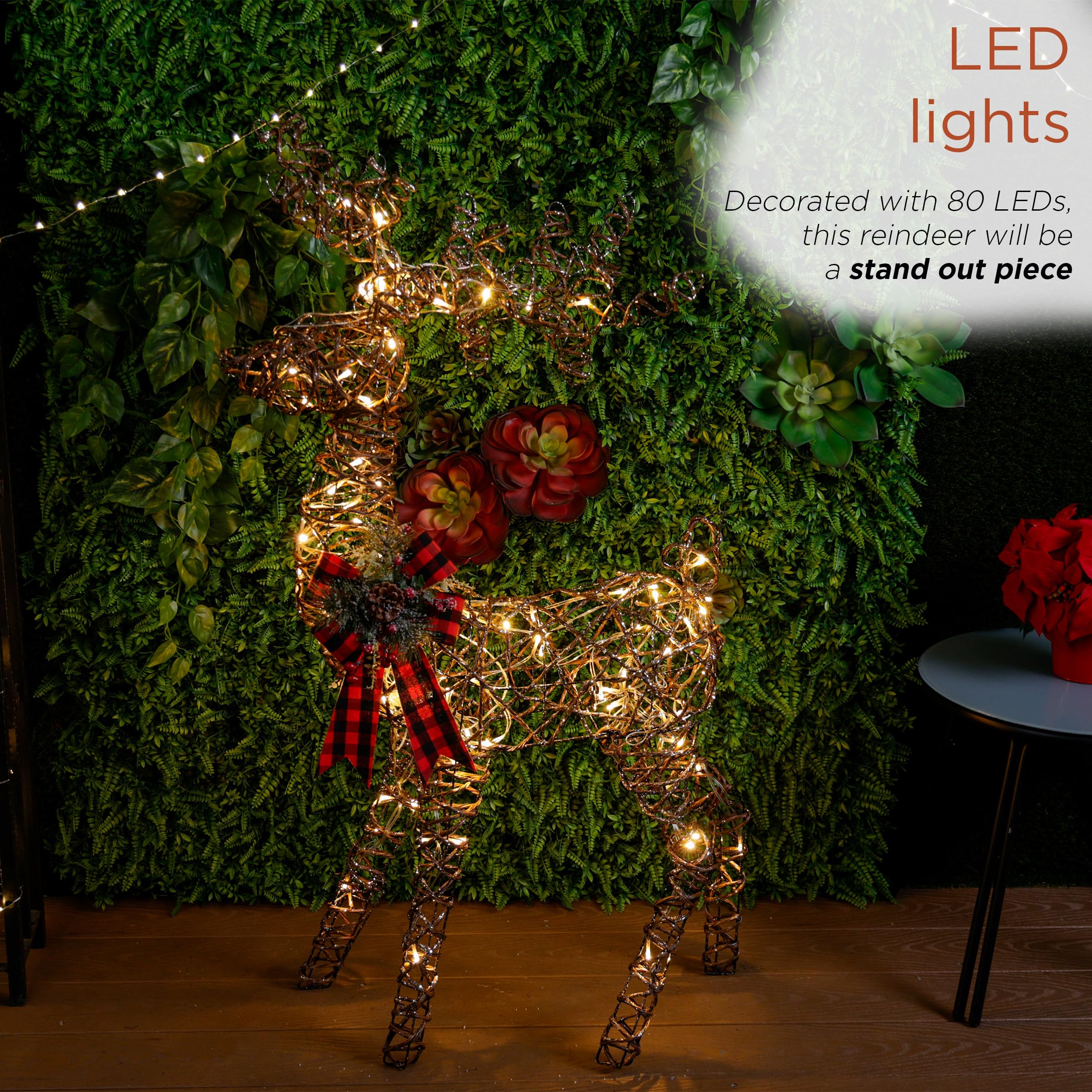 Rattan Standing Reindeer Decor with Bow & LED Lights - Christmas Home Decoration, Holiday Party Centerpiece, Festive Indoor Outdoor Decor