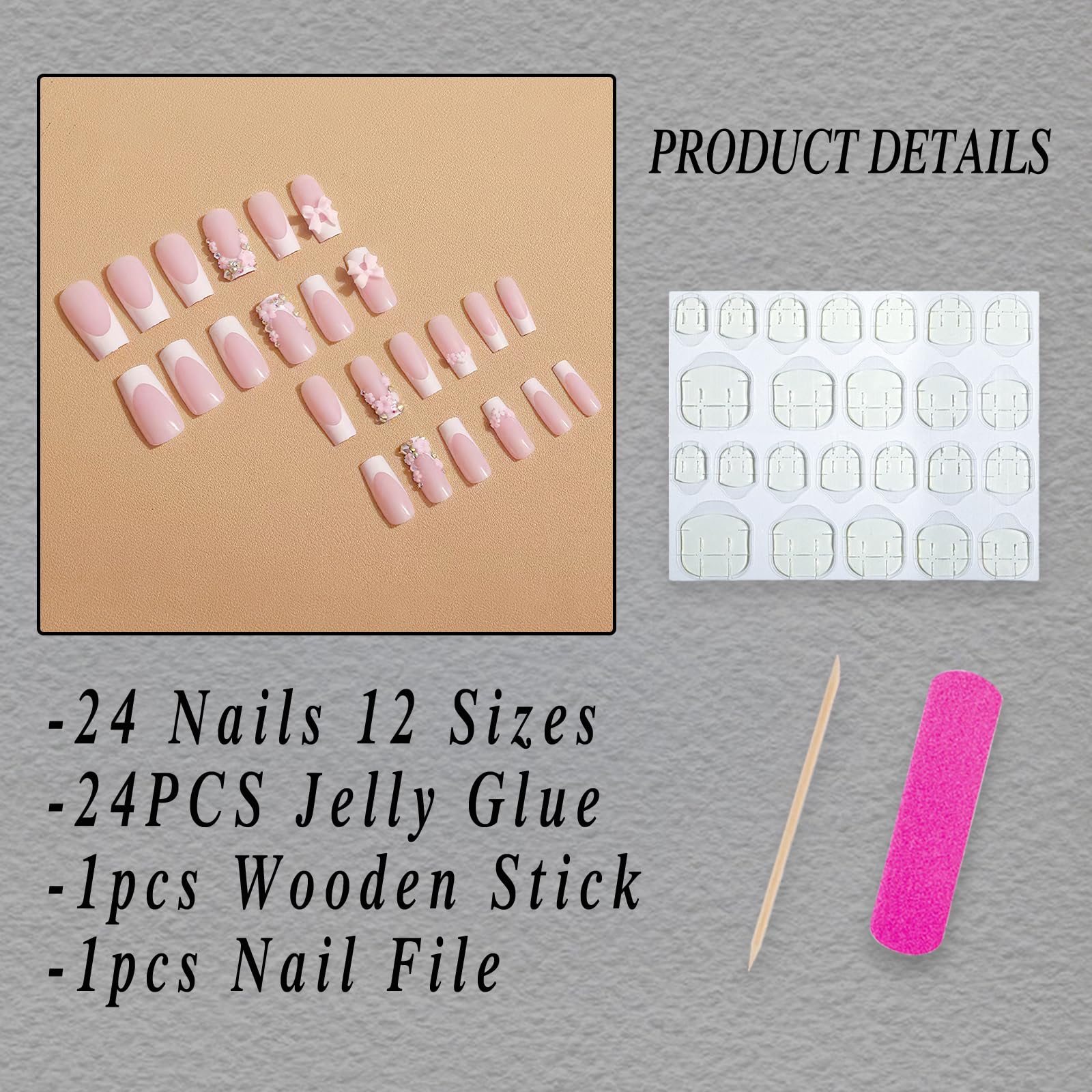 3D Bow Flower French Tip Press on Nails - Medium Square Fake Nails with Rhinestones | Glossy Nude Color Acrylic False Nails for Women (24Pcs) | Perfect for Weddings, Parties & Special Occasions