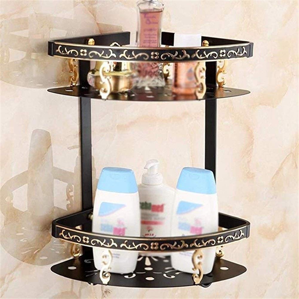 Retro Black Aluminum Bathroom Wall-Mounted Towel Shelf - 2-Tier Storage Rack for Towels & Cosmetics - Space-Saving Corner Shelf with Towel Bars - Perfect for Small Bathrooms, Showers & Vanity Organization
