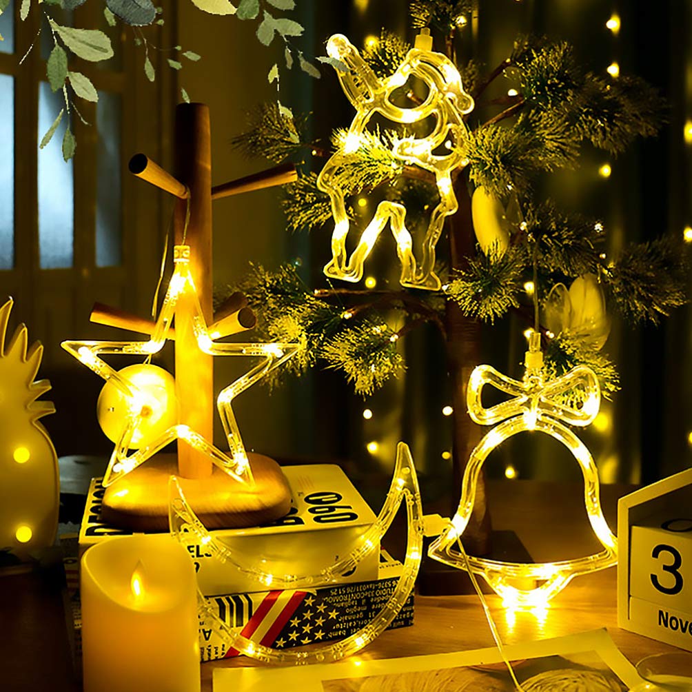 4-Pack Christmas Window Lights with Suction Cups - LED Copper Wire Hanging Lights for Xmas Tree Decor, Indoor/Outdoor Wall Sconce - Perfect for Holiday Home Decor, Bedroom, Living Room & Party Lighting