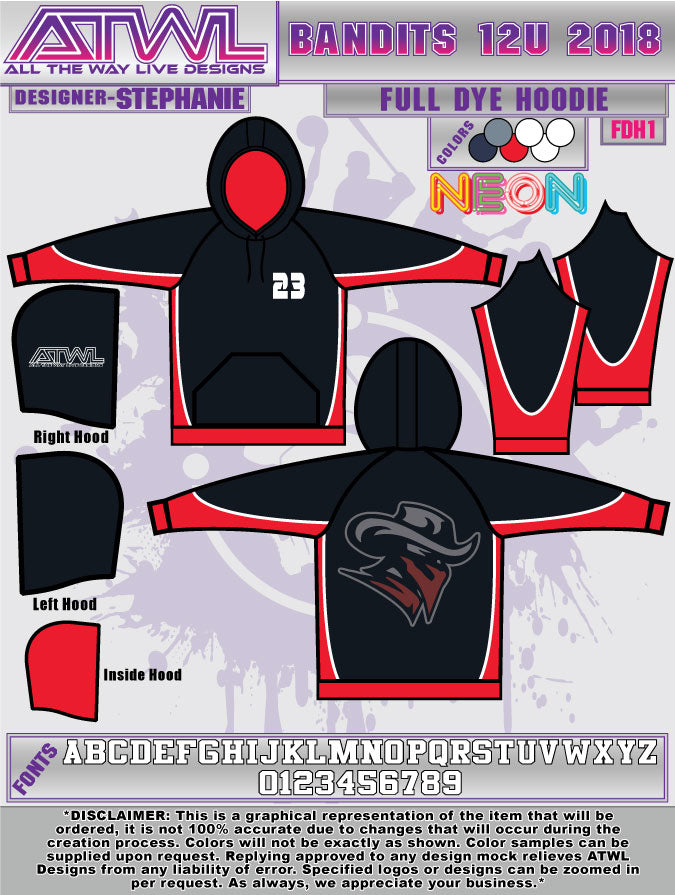 Bandits 12U Full Dye Sublimation Hoodie - Custom Baseball Softball Team Hooded Sweatshirt for Youth Sports & Casual Wear