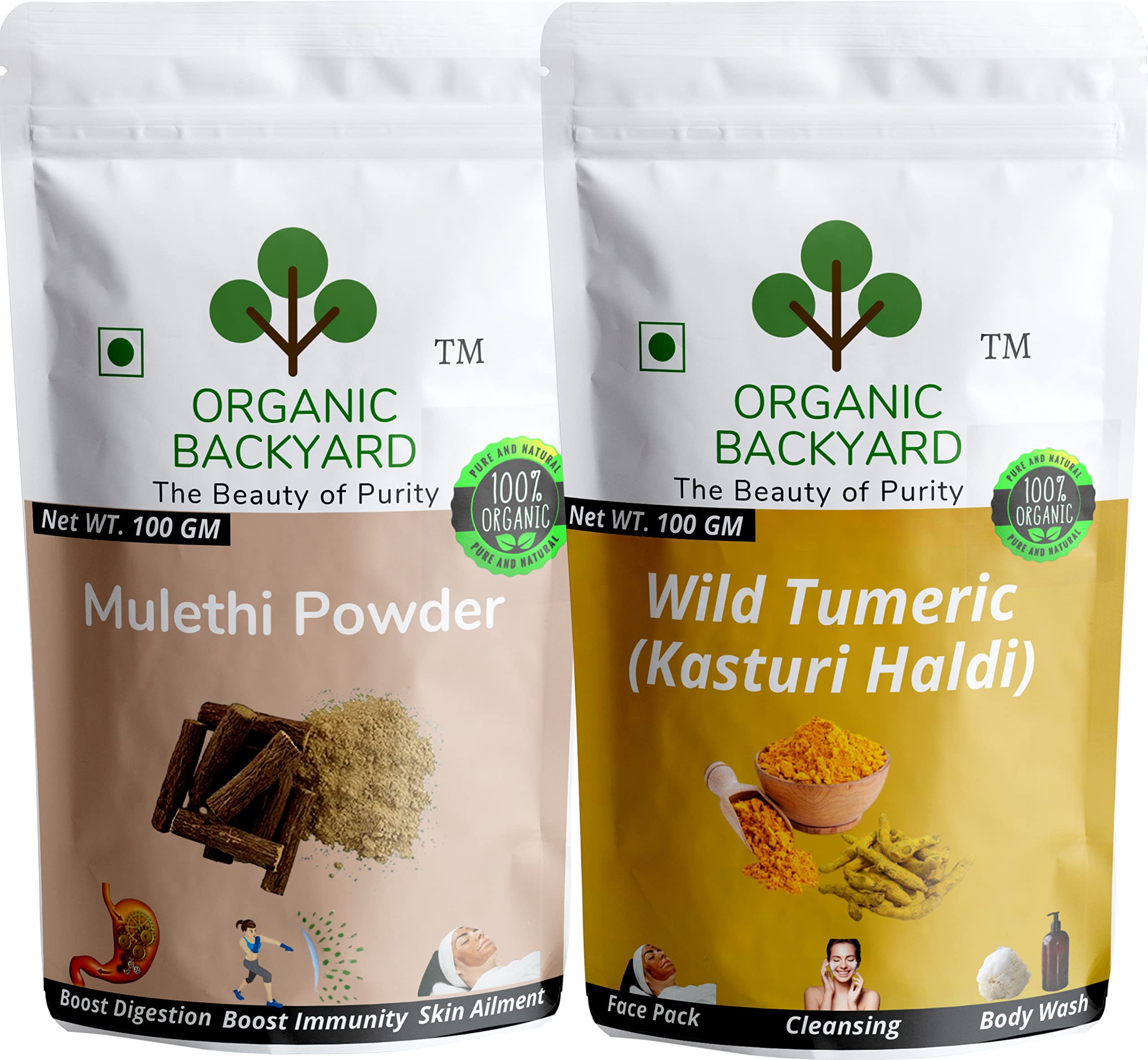 Organic Herbal Glow Duo: 100g Mulethi & Wild Turmeric Kasturi Haldi Powder Combo for Radiant Skin - Natural Face Mask & Brightening Treatment for Glowing Complexion - Perfect for DIY Skincare & Ayurvedic Beauty Rituals