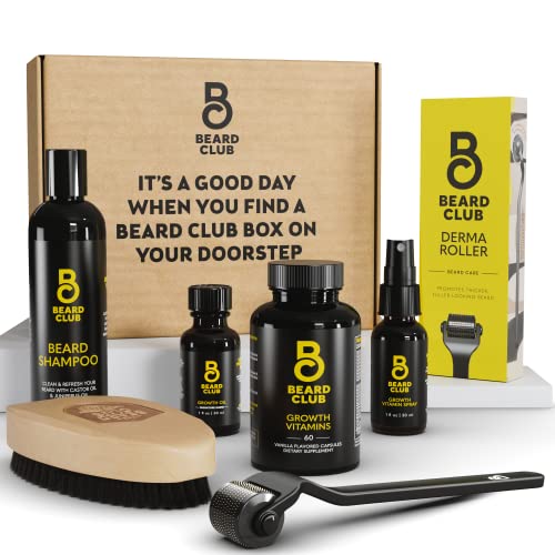 Beard Club Advanced Beard Growth Kit for Men - Derma Roller, Growth Oil, Vitamins, Spray, Shampoo & Brush Set - Thicker Fuller Facial Hair Care - Perfect Grooming Gift for Him | Daily Use & Special Occasions