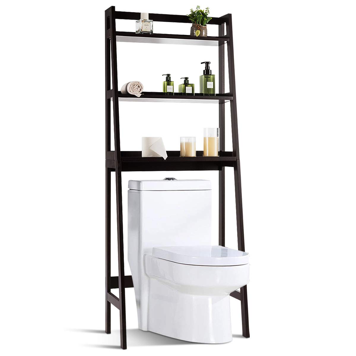 Tangkula Over The Toilet Storage Rack - 3-Tier Free Standing Bathroom Organizer with Shelves | Space Saving Bathroom Shelf Unit for Toilet Paper, Towels & Cosmetics | Perfect for Small Bathrooms & Apartments (Brown)