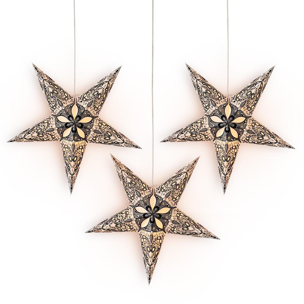 3 Pack 24 Inch White Victoria Glitter Paper Star Lantern with LED Bulbs & Lamp Cord - Party Decorations, Christmas Lights, Wedding Centerpiece, Bedroom Decor, Holiday Home Lighting