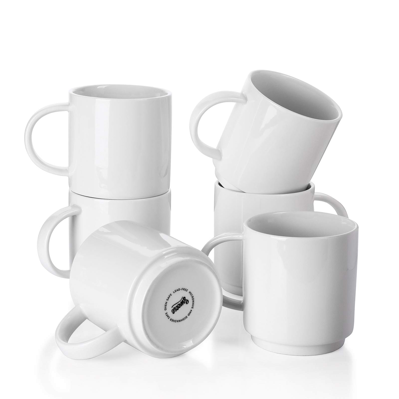 Sweese 10 Oz Stackable White Porcelain Coffee Mugs Set of 6 - Durable Coffee Cups with Handle for Specialty Drinks, Cappuccino, Latte, Tea - Perfect for Home, Office, and Cafe Use