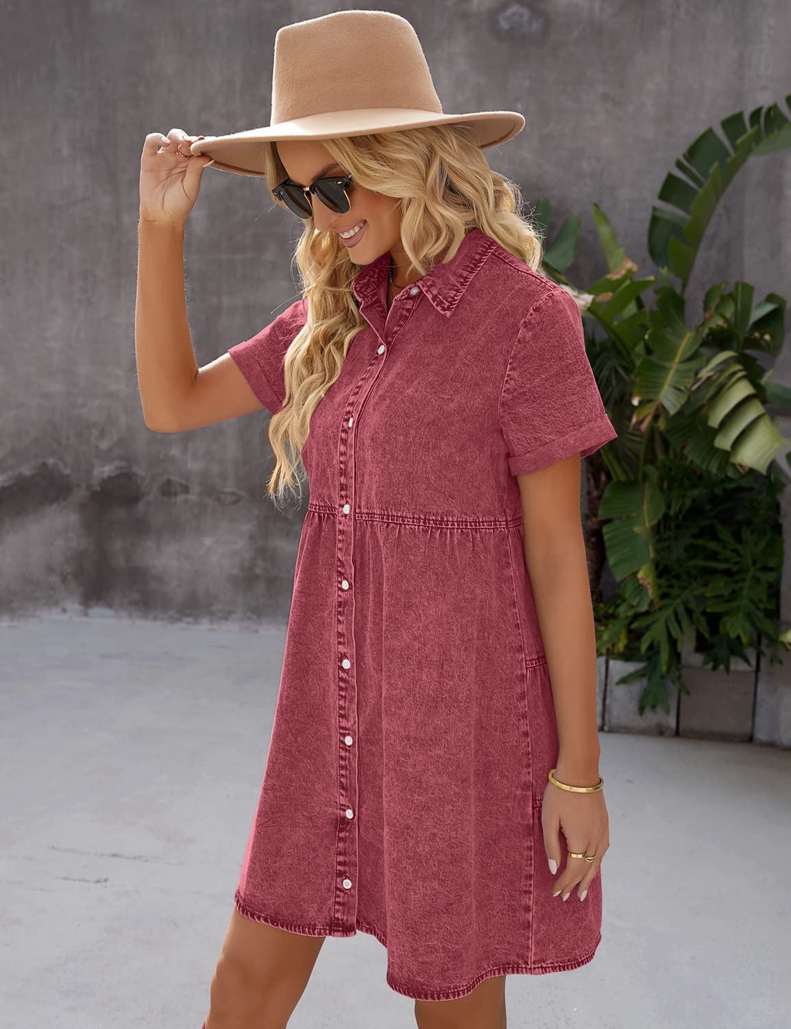 GRAPENT Women's Denim Babydoll Dress - Tiered Short Sleeve Button Down Jean Shirt Dress for Casual Wear, Date Night & Summer Outfits