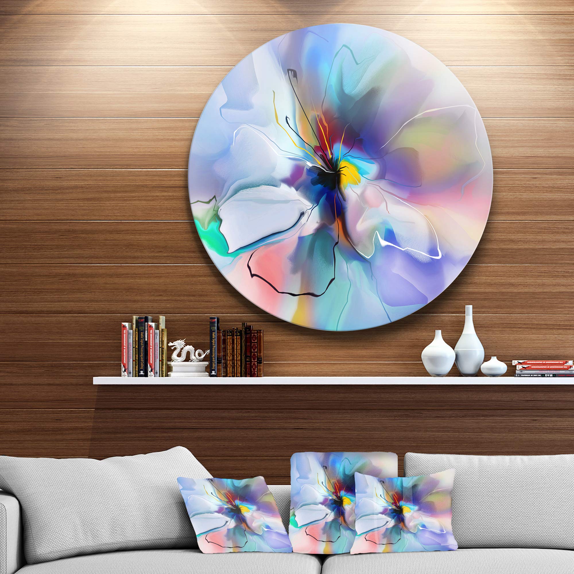 DesignArt Round Metal Wall Art - Abstract Creative Blue Flower Extra Large Floral Decor for Living Room, Bedroom & Office | Modern Home Decor