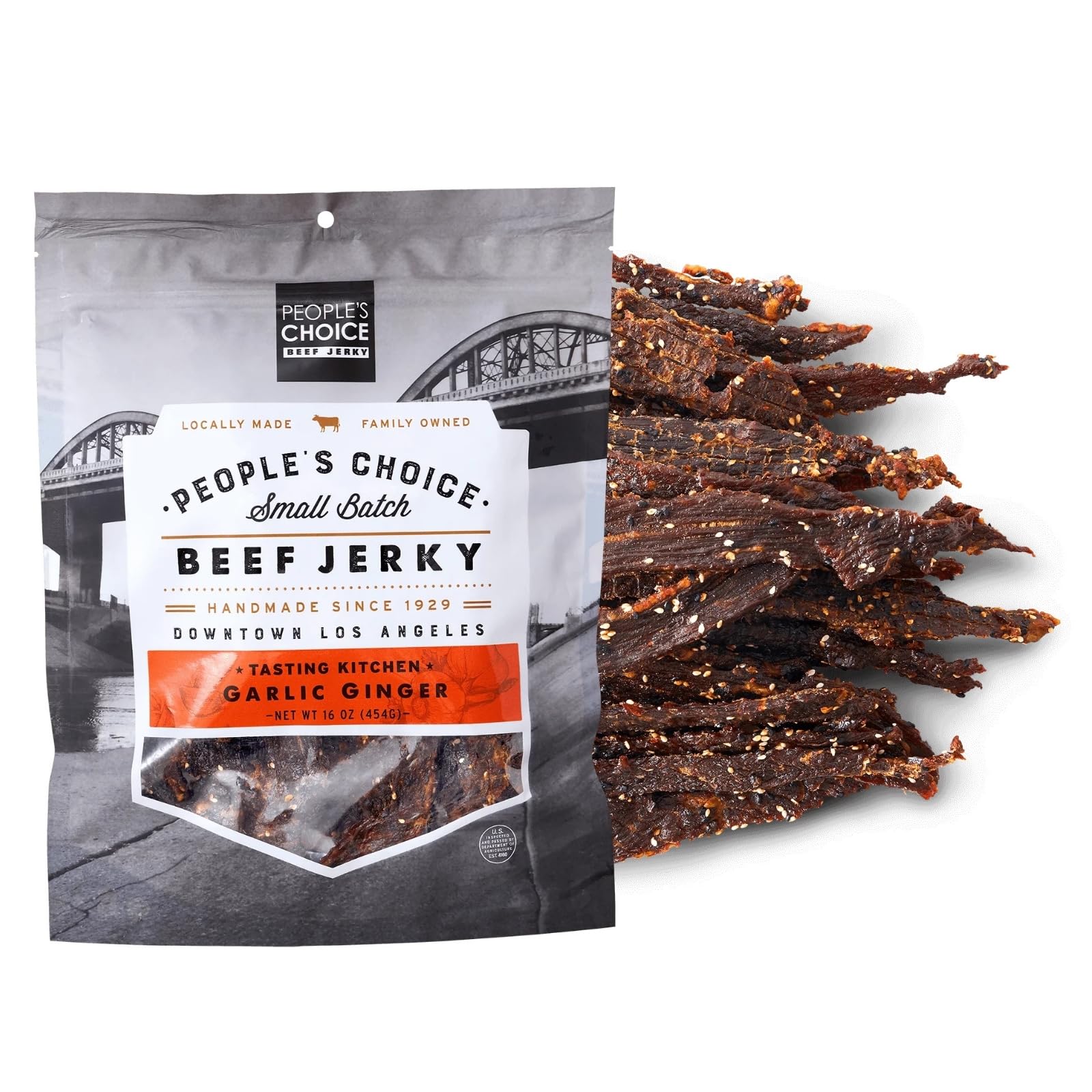 People's Choice Beef Jerky - Small Batch Garlic Ginger Flavor - High Protein Low Sodium Healthy Snacks - 16oz (1lb) Bag - Perfect for Camping, Hiking, Road Trips & Office Snacks