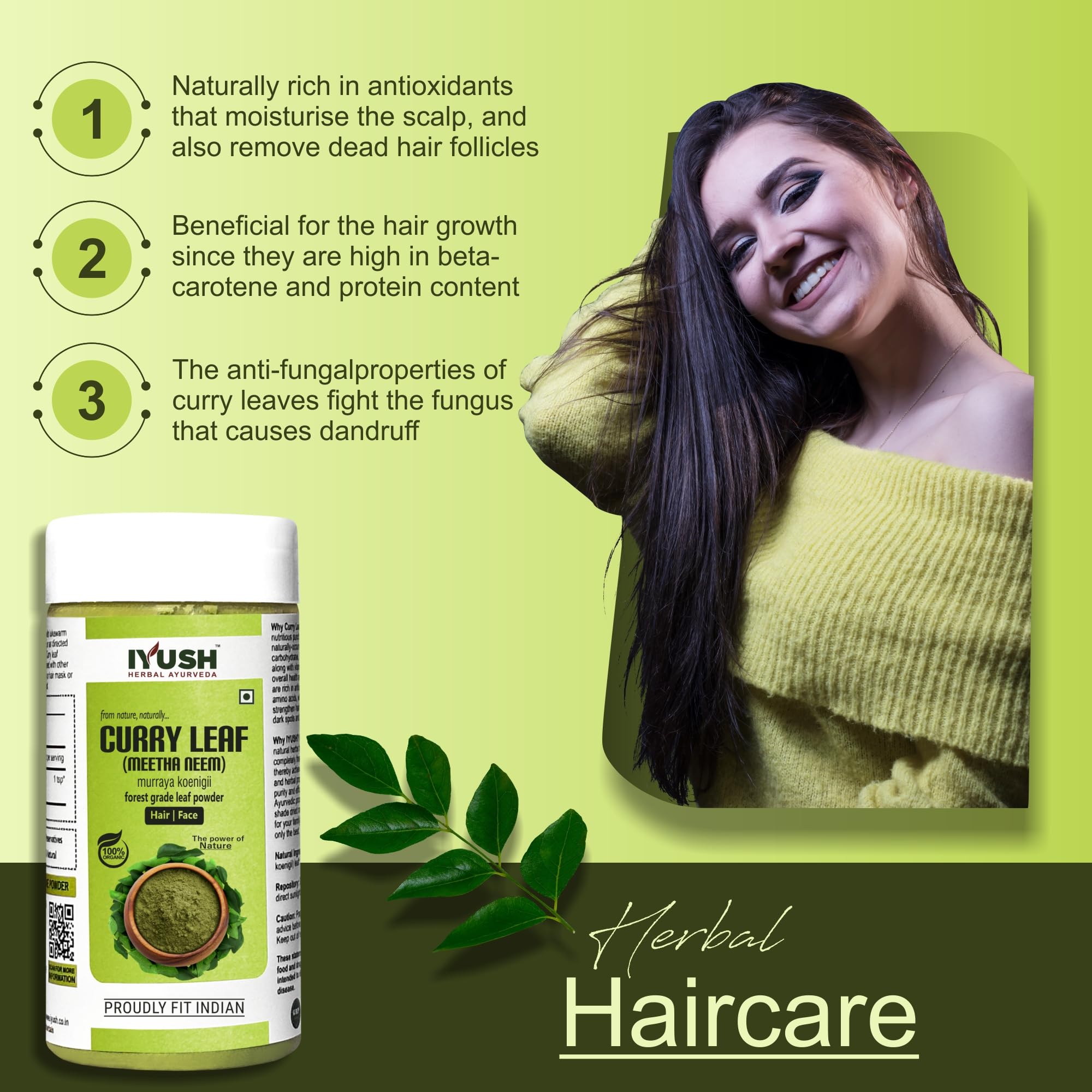 IYUSH Organic Ayurvedic Curry Leaves Powder – 250g | Natural Hair Growth Supplement | Kadi Patta Powder for Thicker Hair | Herbal Remedy for Hair Care & Scalp Health | Perfect for DIY Hair Masks & Ayurvedic Treatments