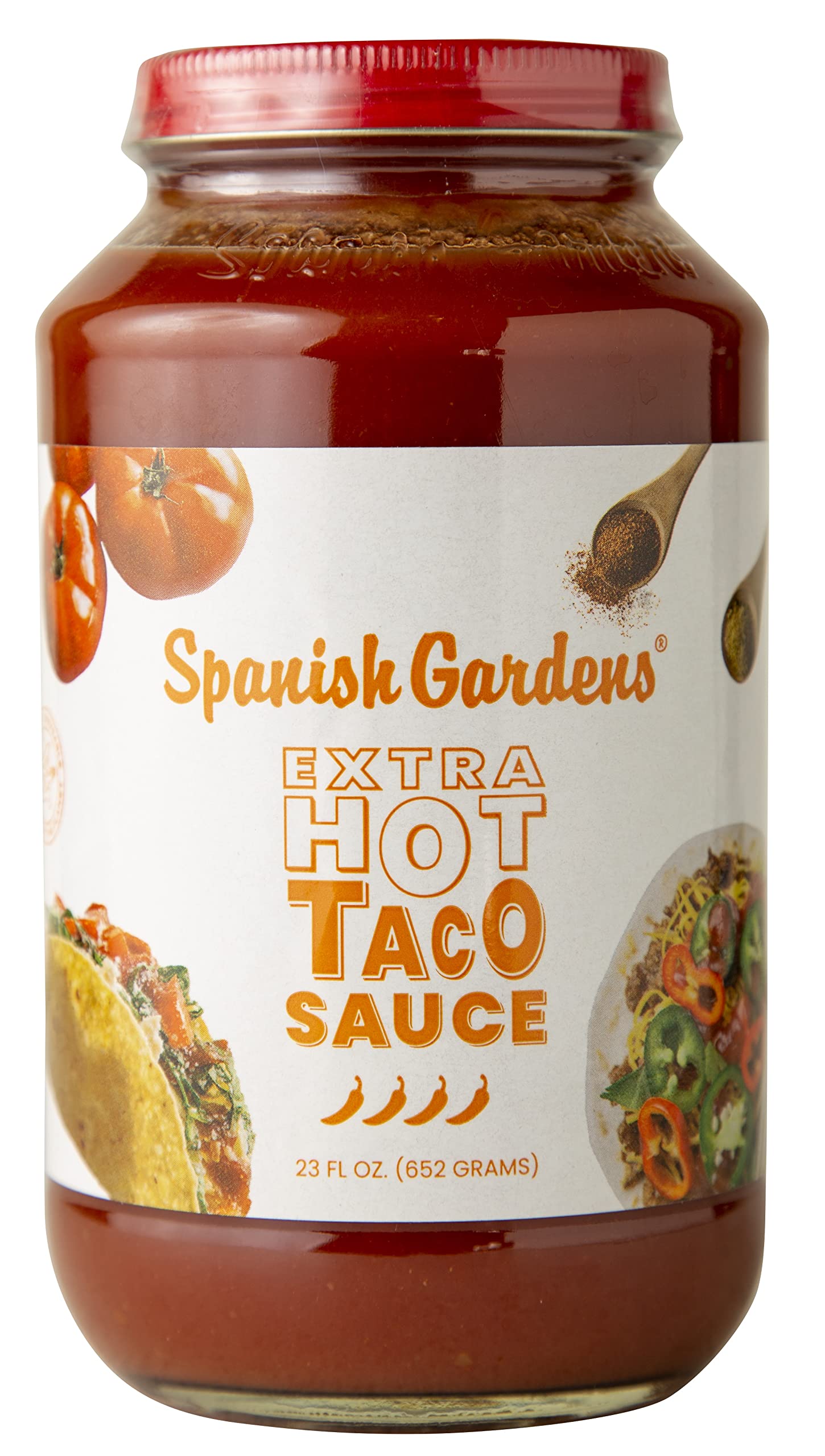 Authentic Spanish Gardens Extra Hot Taco Sauce (6 Pack) — Family Recipe Super Spicy Mexican Hot Sauce for Tacos, Burritos & Enchiladas — Perfect for Tex-Mex Cooking & Party Dips (23 oz Bottles) — Great for BBQs, Game Nights & Mexican Dinner Parties