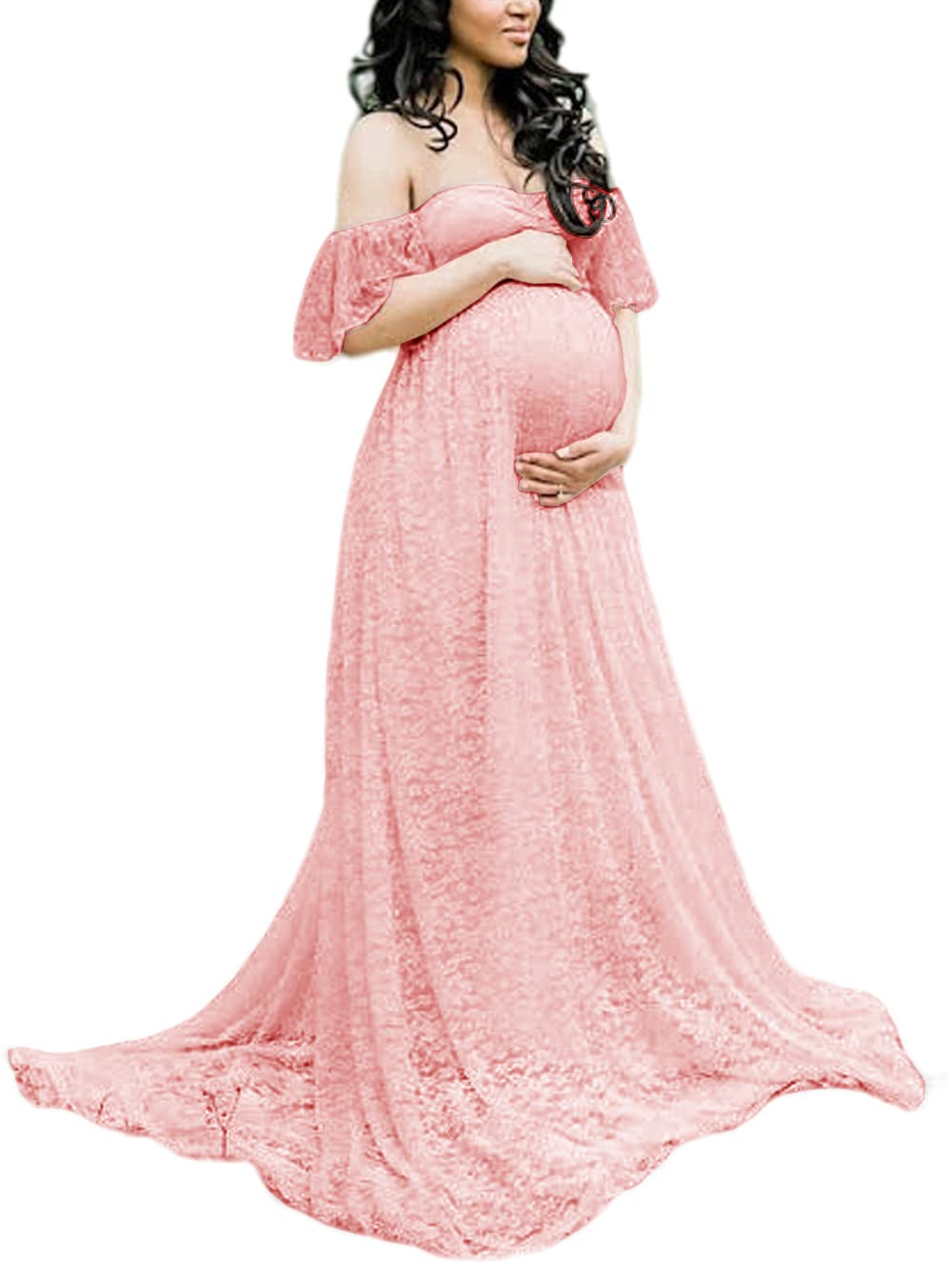ZIUMUDY Maternity Photoshoot Dress - Off Shoulder Lace Baby Shower & Wedding Gown for Pregnant Women | Perfect for Maternity Photography, Baby Shower Events & Special Occasions