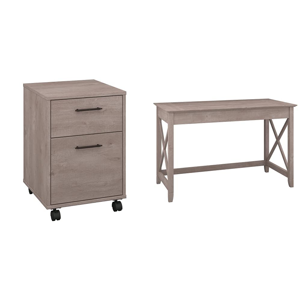 Bush Furniture Key West Collection 2-Drawer Mobile Pedestal & 48W Writing Desk Set in Washed Gray - Home Office Storage and Workstation Solution for Small Spaces