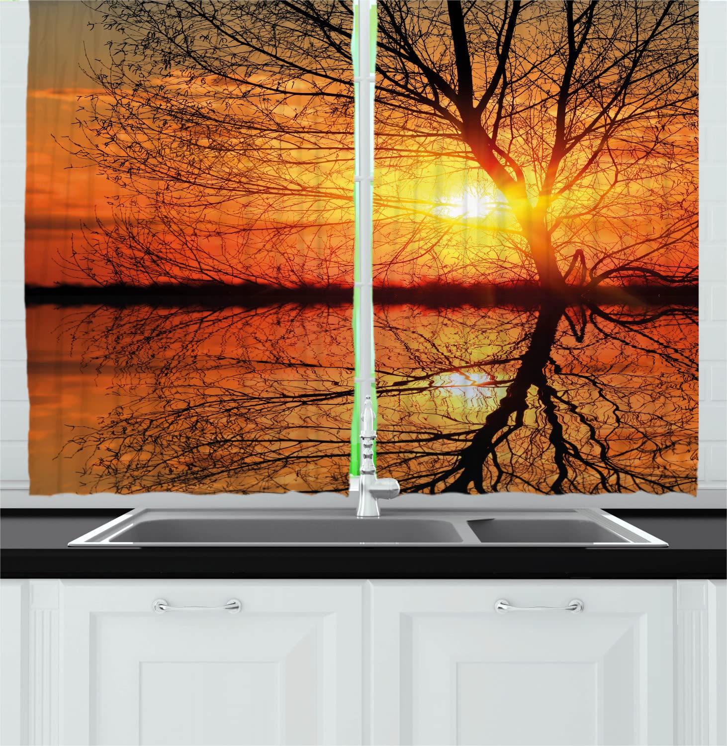Ambesonne Autumn Long Kitchen Curtains - Leafless Tree Sunset Water Reflection Panorama - 2 Panel Drapes with Rod Pocket - 55
