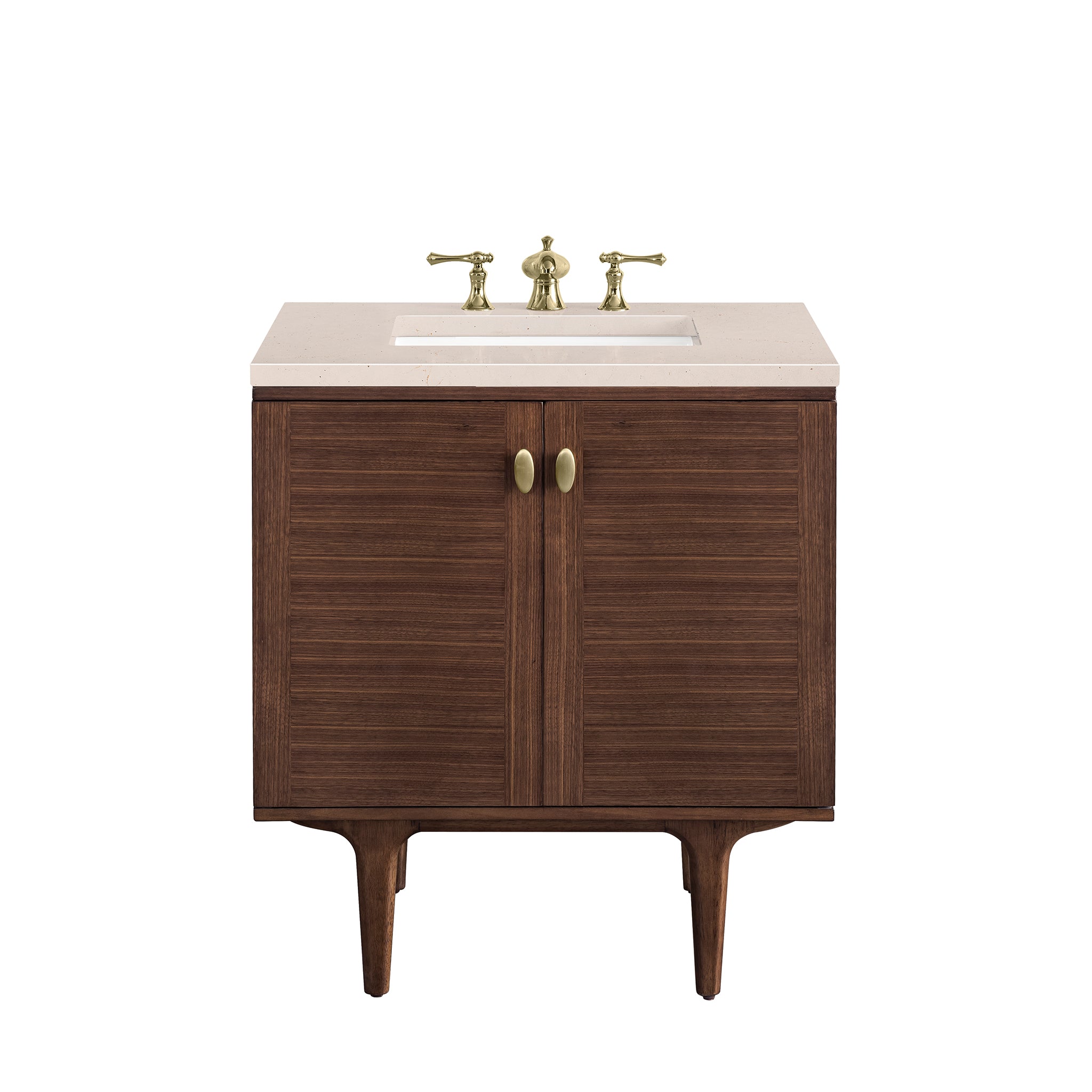 Amberly 30 Inch Single Bathroom Vanity - Mid Century Modern Walnut Finish with 3CM Eternal Marfil Stone Top | Perfect for Small Bathrooms, Powder Rooms & Master Suites