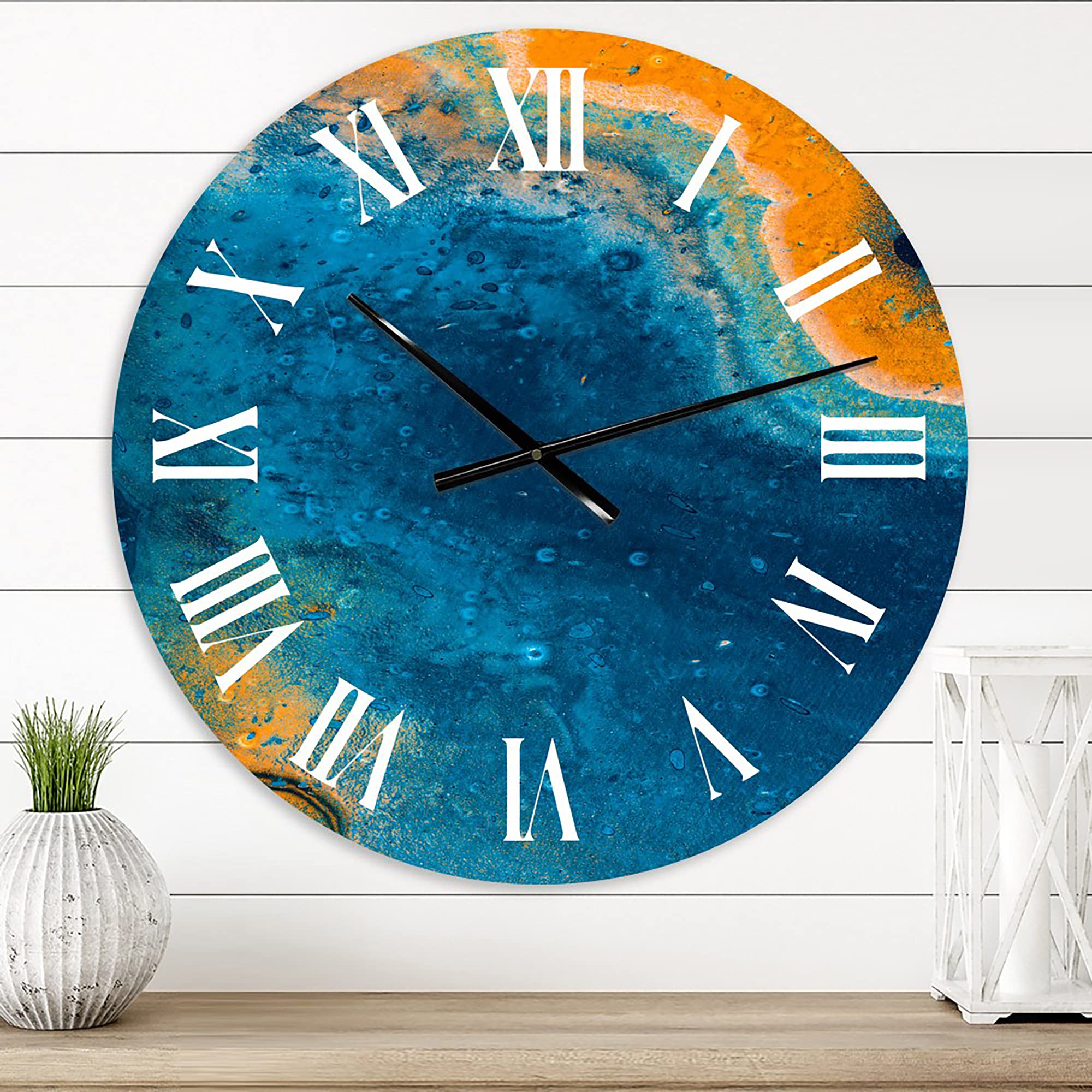 DesignQ Modern Abstract Marble Wall Clock - Blue & Orange Large Fractal Art Clock for Bedroom, Living Room & Office Decor | Silent Non-Ticking Contemporary Home Wall Art
