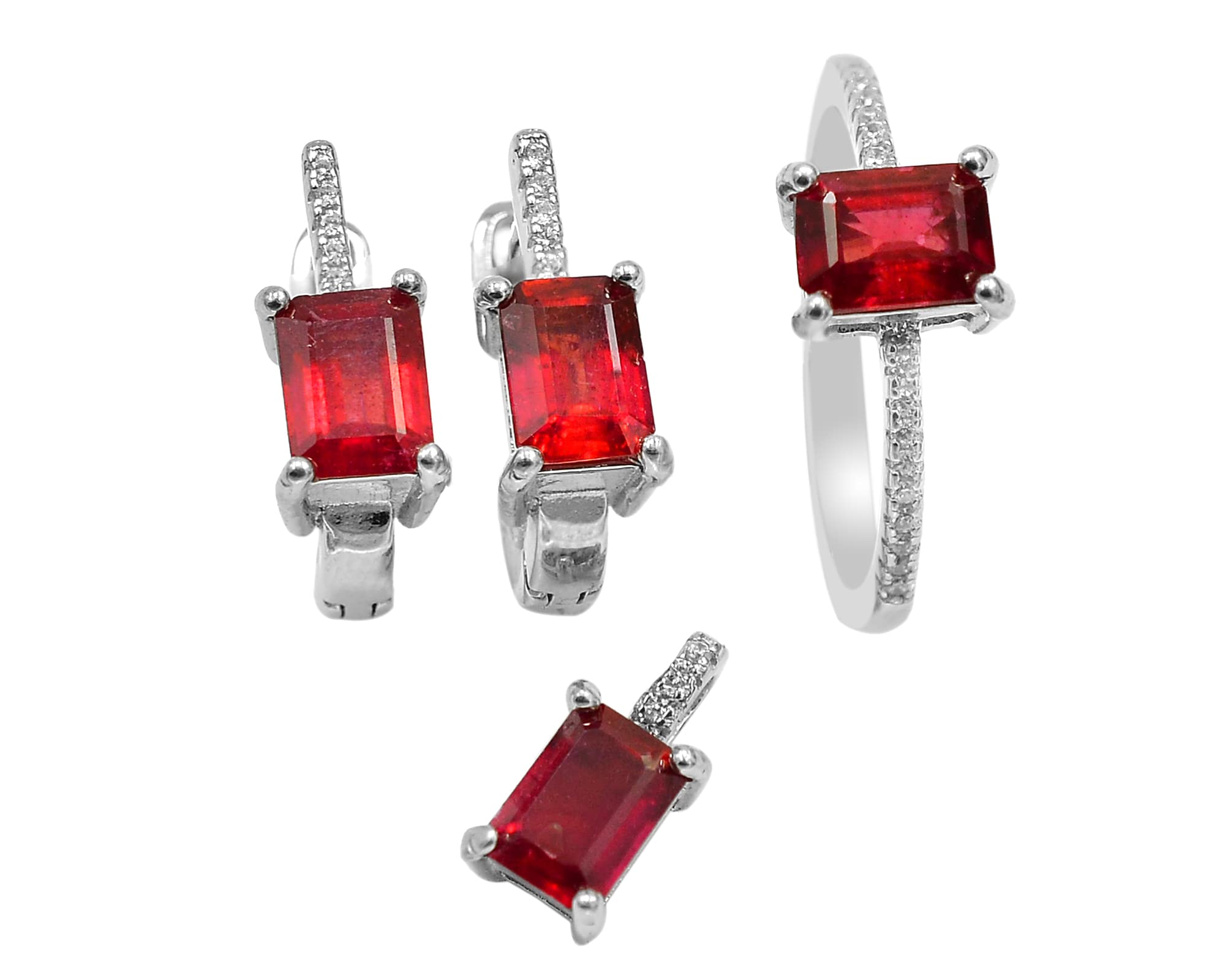 Natural Red Ruby Gemstone Jewelry Set - 925 Sterling Silver Ring, Earrings & Pendant for Women | July Birthstone, Unisex Proposal Gift, Christmas Present for Girlfriend | Perfect for Anniversaries, Weddings & Special Occasions